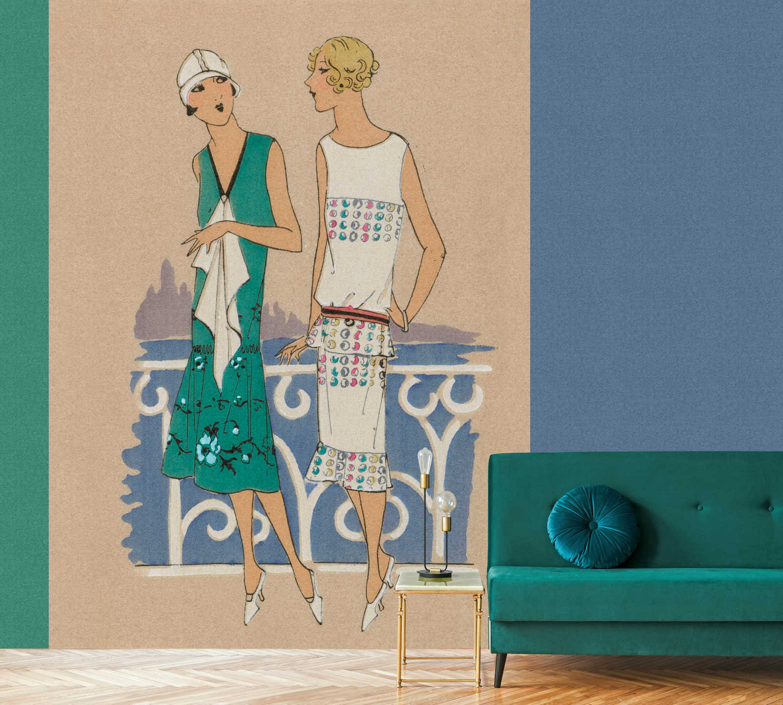             Parisienne 3 – Retro Fototapete Mode Druck 20er Jahre in Blau & Grün
        