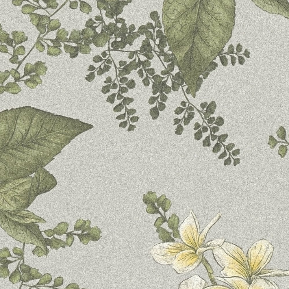             Moderne Tapete im floralen Stil mit Blüten & Gräsern strukturiert matt – Grau, Dunkelgrün, Weiß
        