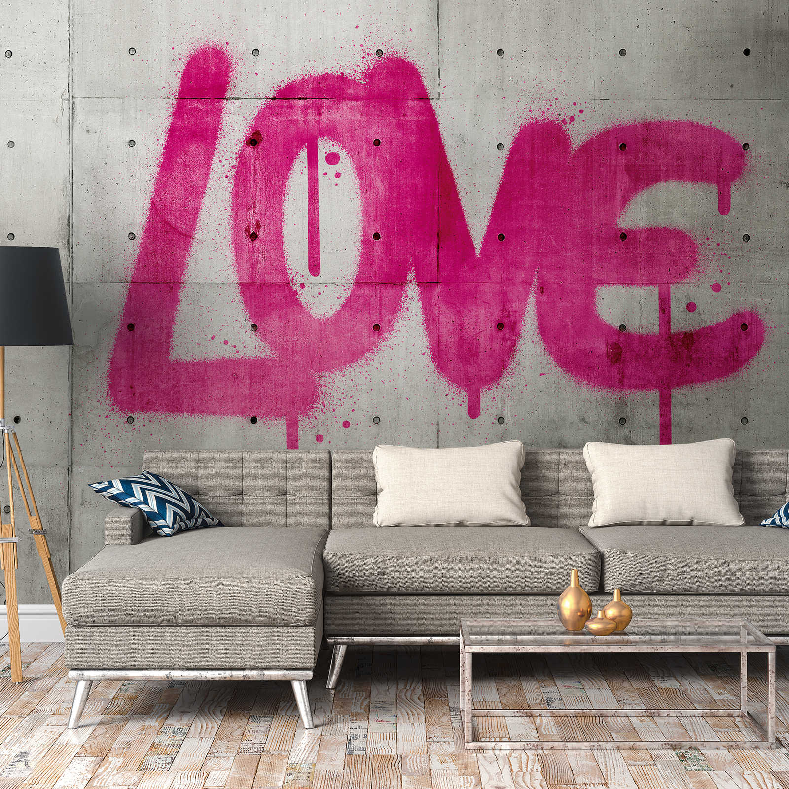 Tapeten Neuheit – Beton Motivtapete LOVE Graffiti, Grau & Pink
