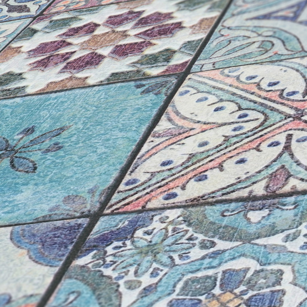             Selbstklebende Fliesen Tapete Vintage Mosaikmuster – Bunt, Blau, Violett
        