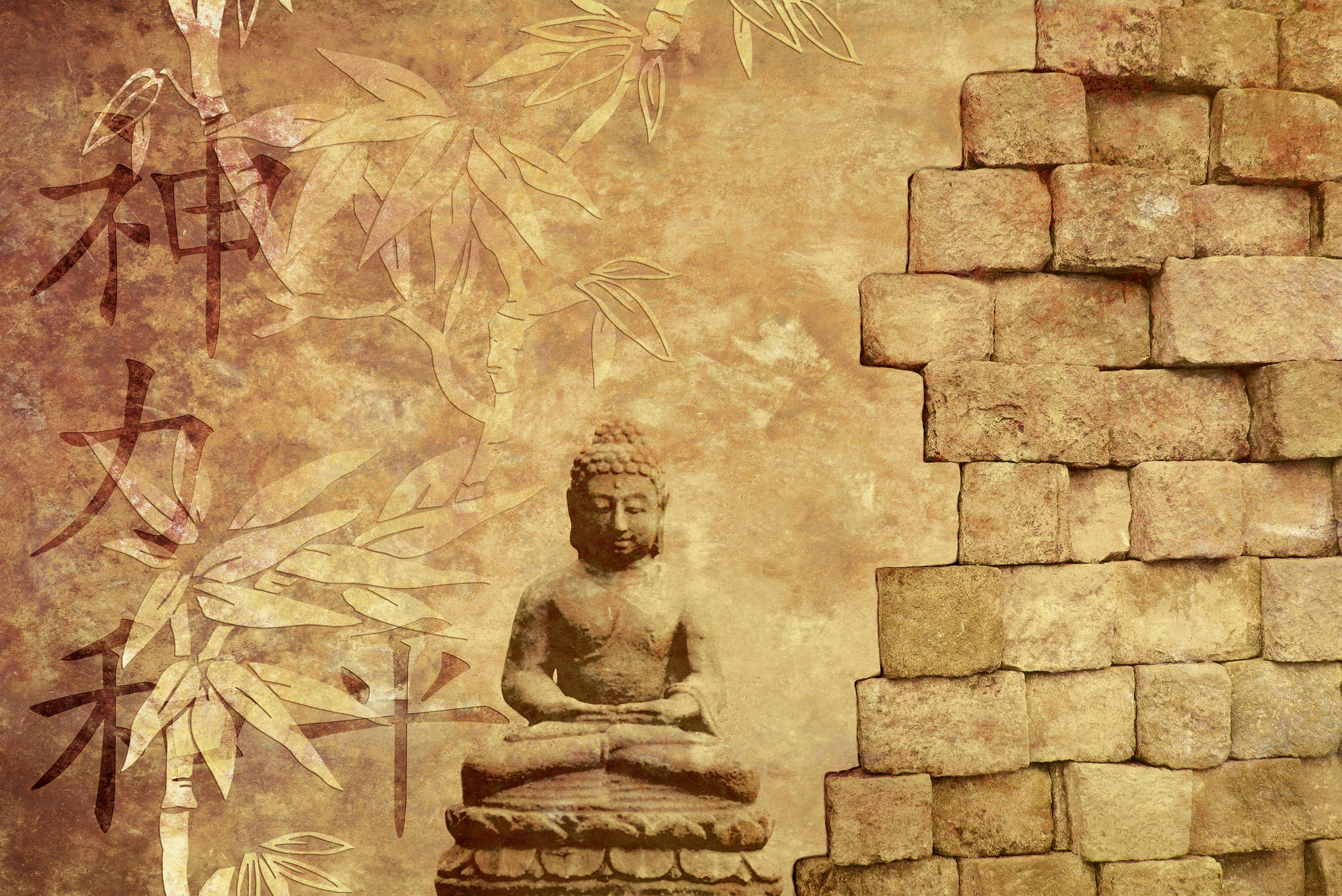             Fototapete Mauer mit Buddha-Figur – Perlmutt Glattvlies
        