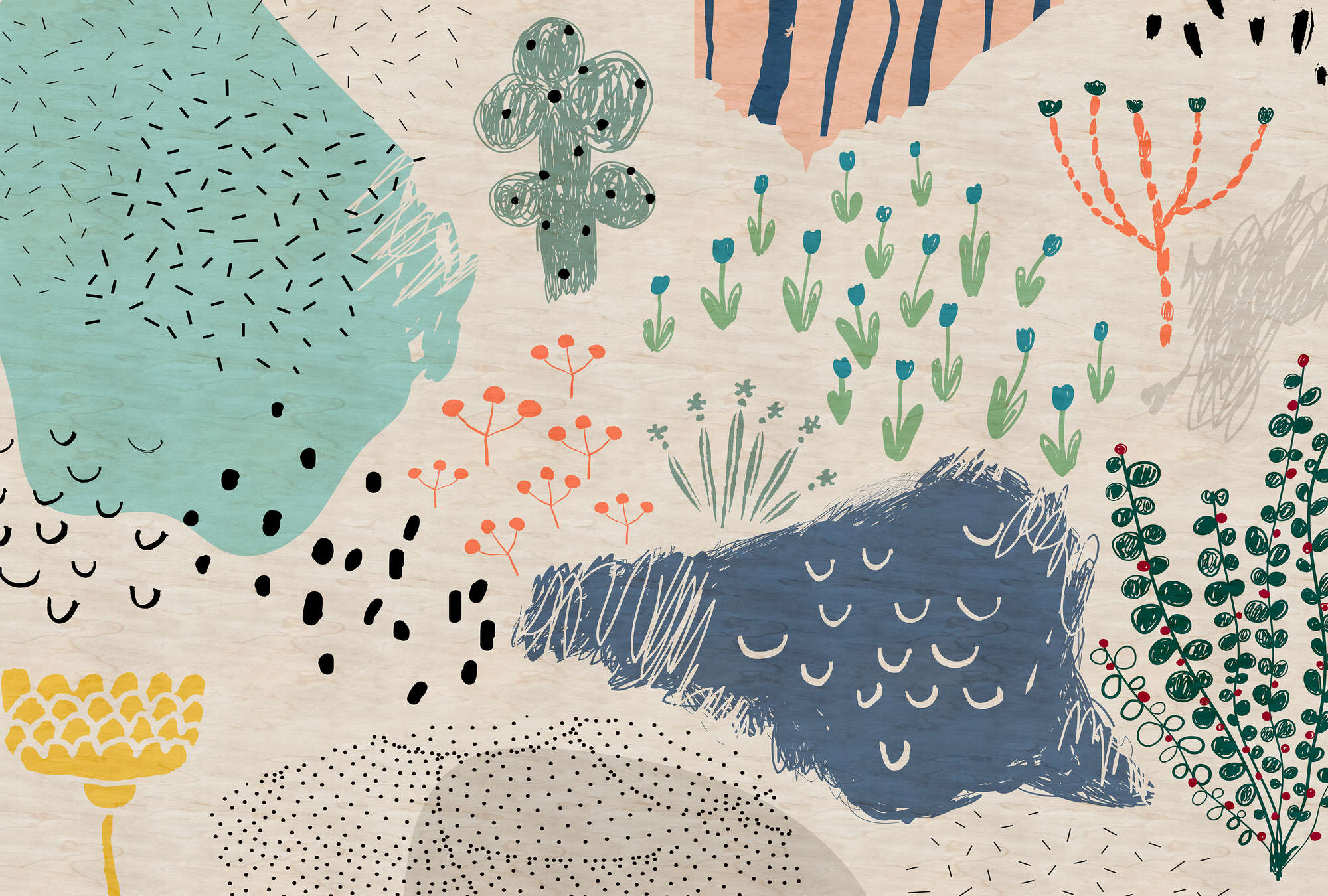             Crayon garden1 - Fototapete Kinderzimmer, Doodle Motiv in Sperrholz Struktur – Beige, Blau | Struktur Vlies
        