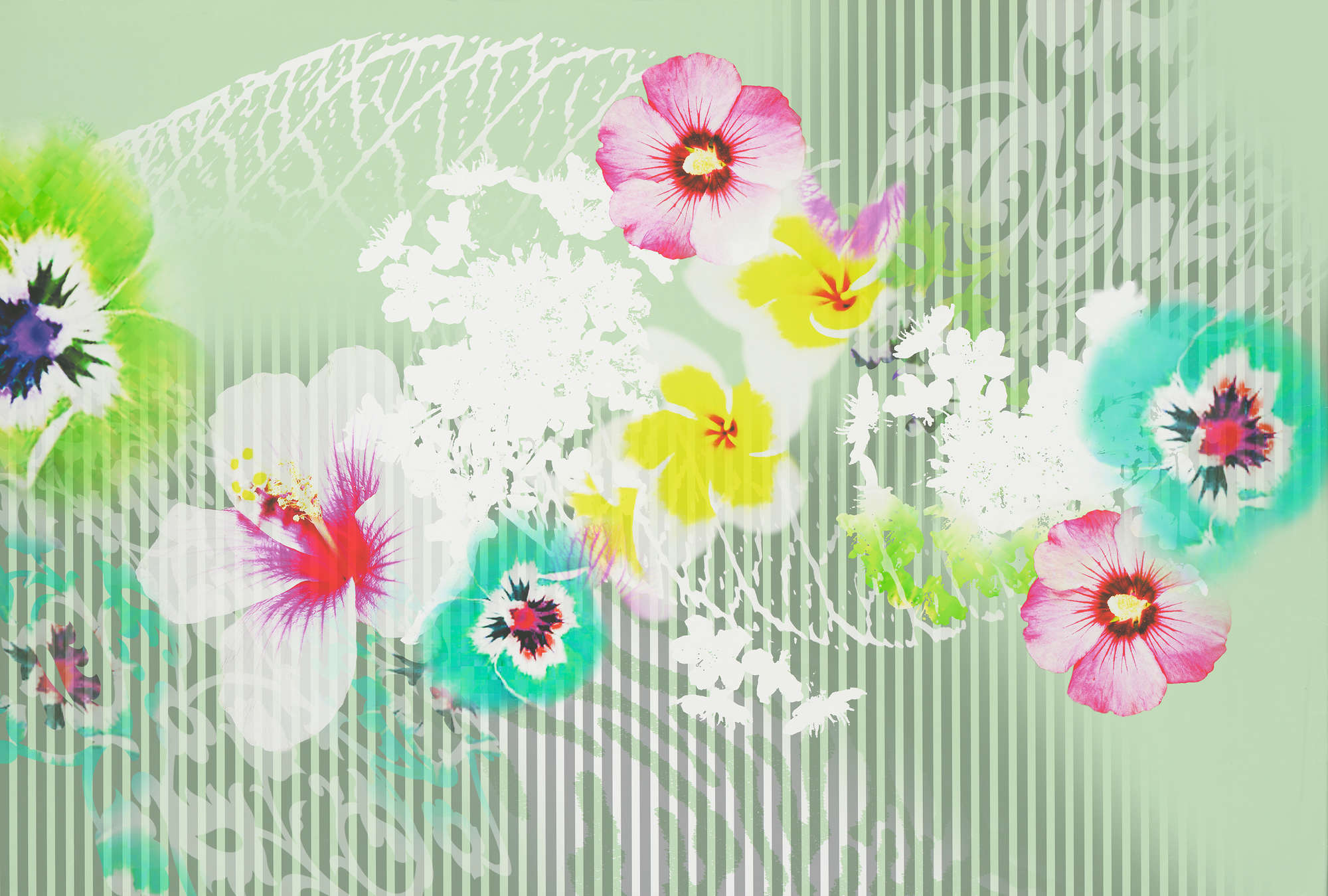            Grafische Blüten Fototapete mit natürlich Design – Bunt, Grün, Blau
        