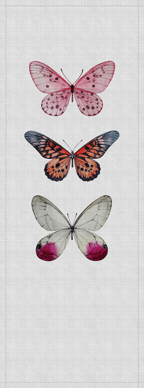             Buzz panels 1 - Fotopaneel mit bunten Schmetterlinge in naturleinen Struktur – Grau, Rosa | Premium Glattvlies
        
