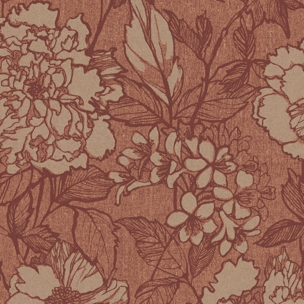             Rostrote Tapete mit Textiloptik Blumenmuster – Rot
        