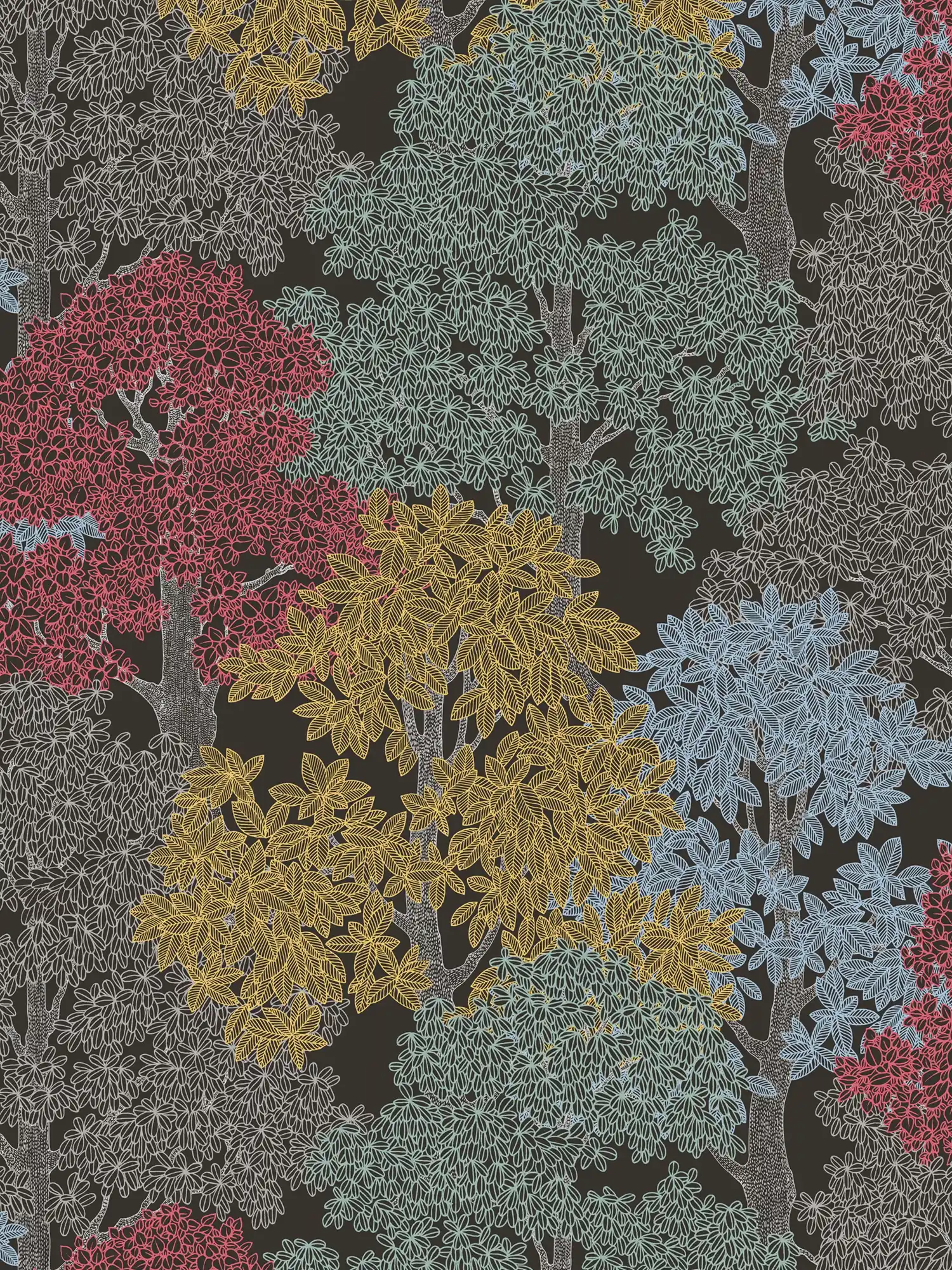             Tapete Wald Design im Zeichenstil mit Baumkronen – Braun, Schwarz, Gelb
        