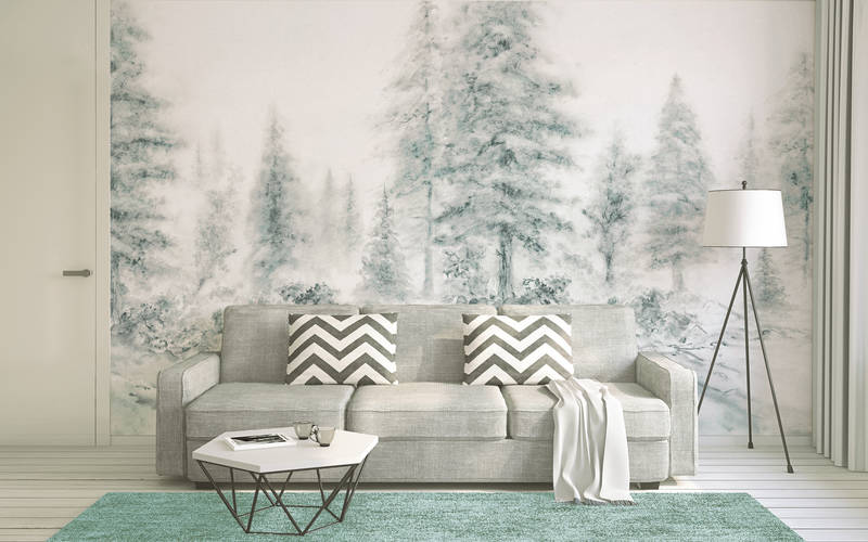             Fototapete Wald im Aquarell-Stil, Bäume & Landschaft – Grau, Weiß
        