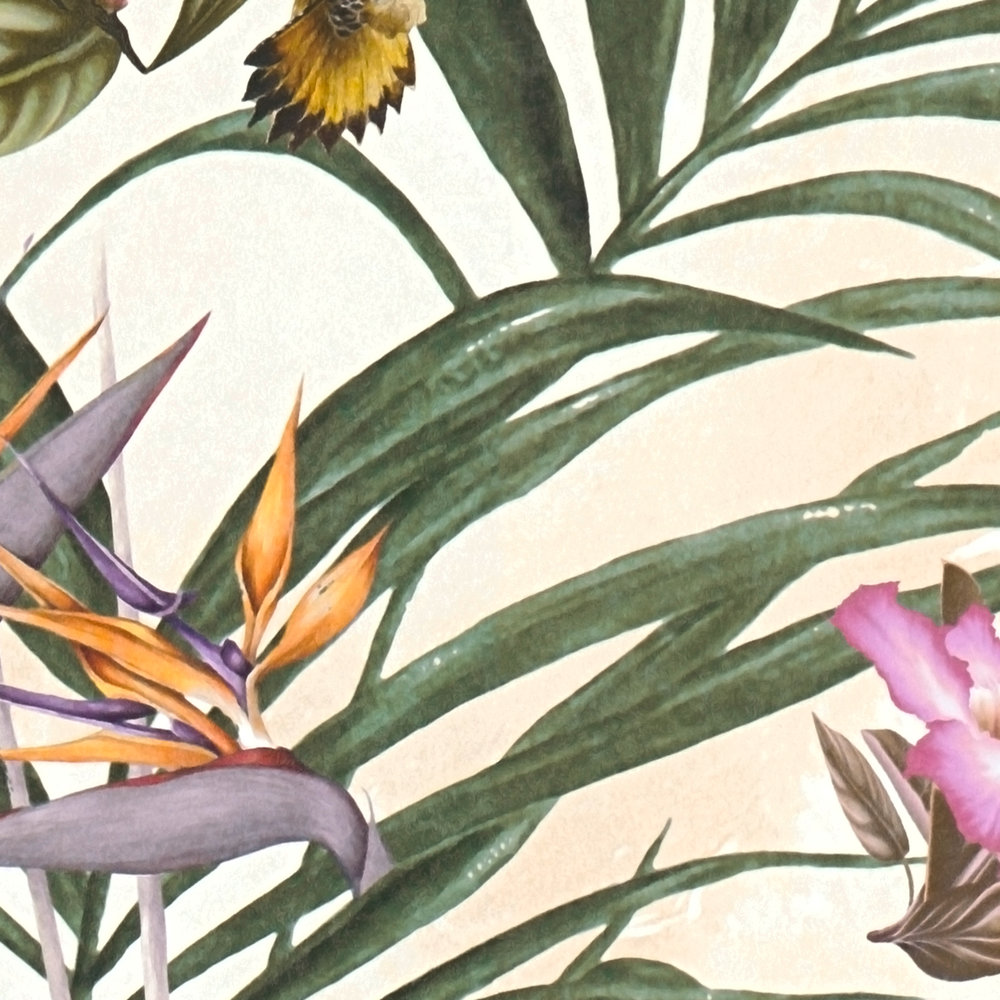             Designtapete Blumen & Vögel im Art Stil – Beige, Grün, Rosa
        