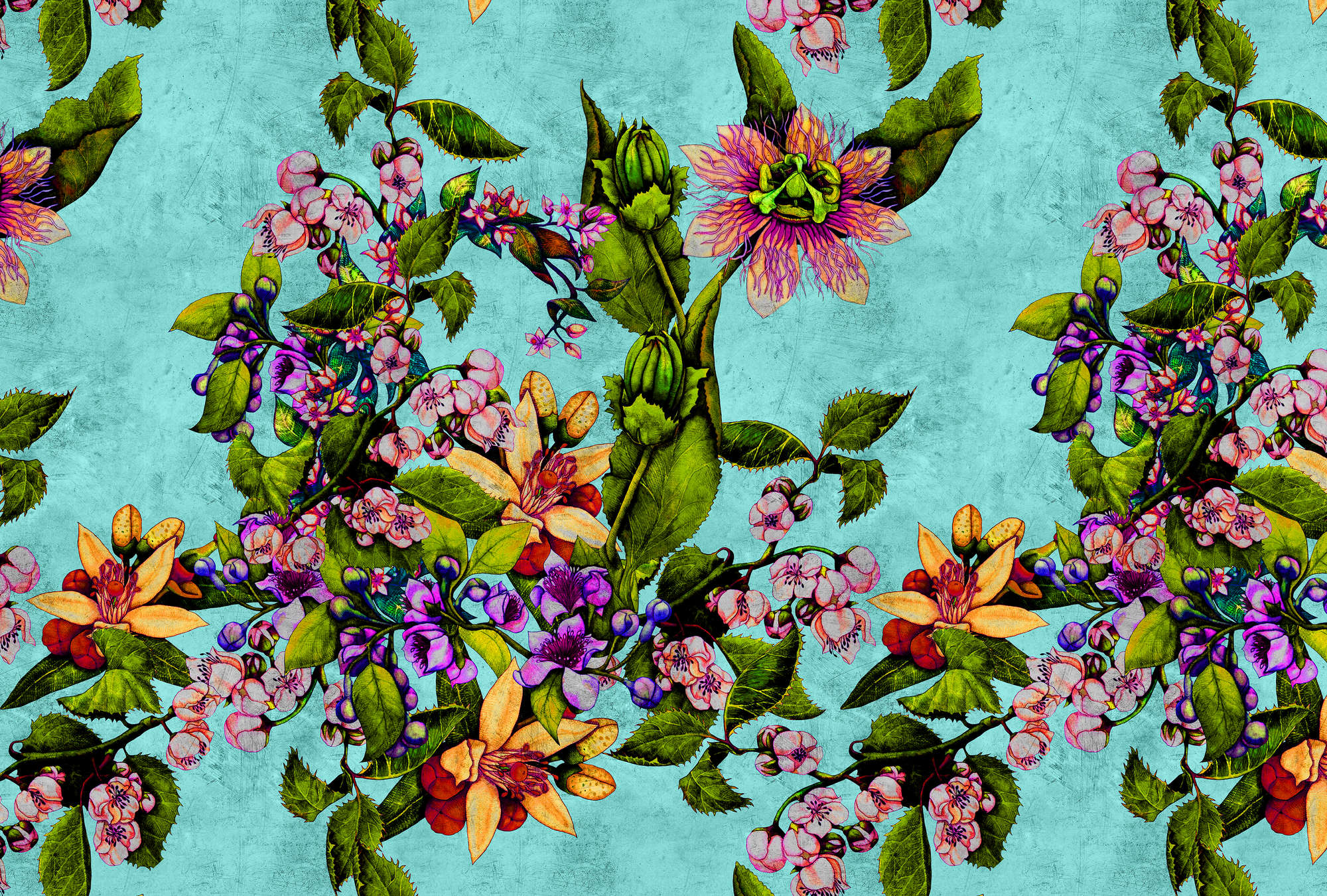             Tropical Passion 1 - Tropische Fototapete mit Blütenmuster in kratzer Struktur – Grün, Türkis | Perlmutt Glattvlies
        