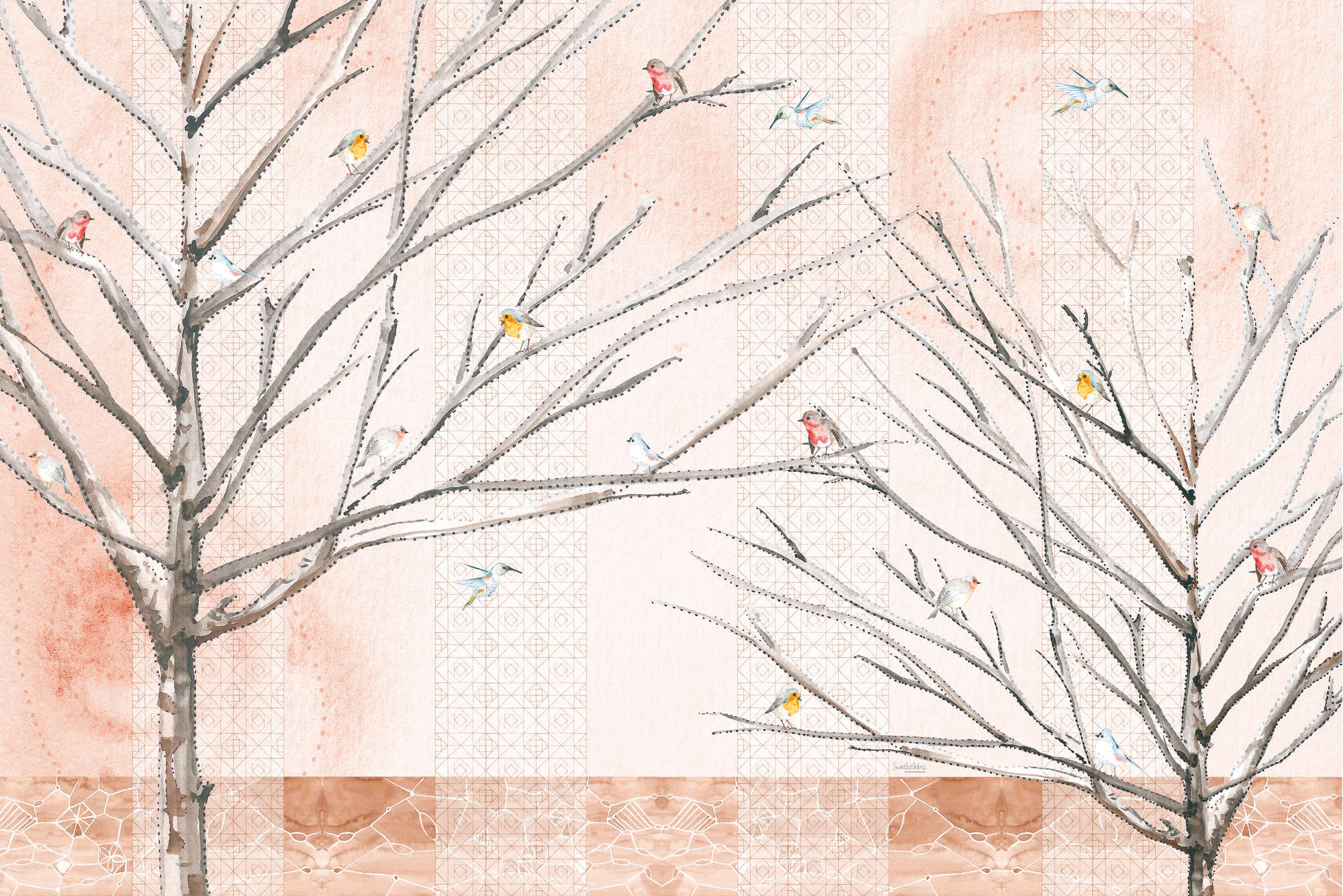             Künstlerische Fototapete Bäume mit Vögeln in Beige und Braun auf Matt Glattvlies
        