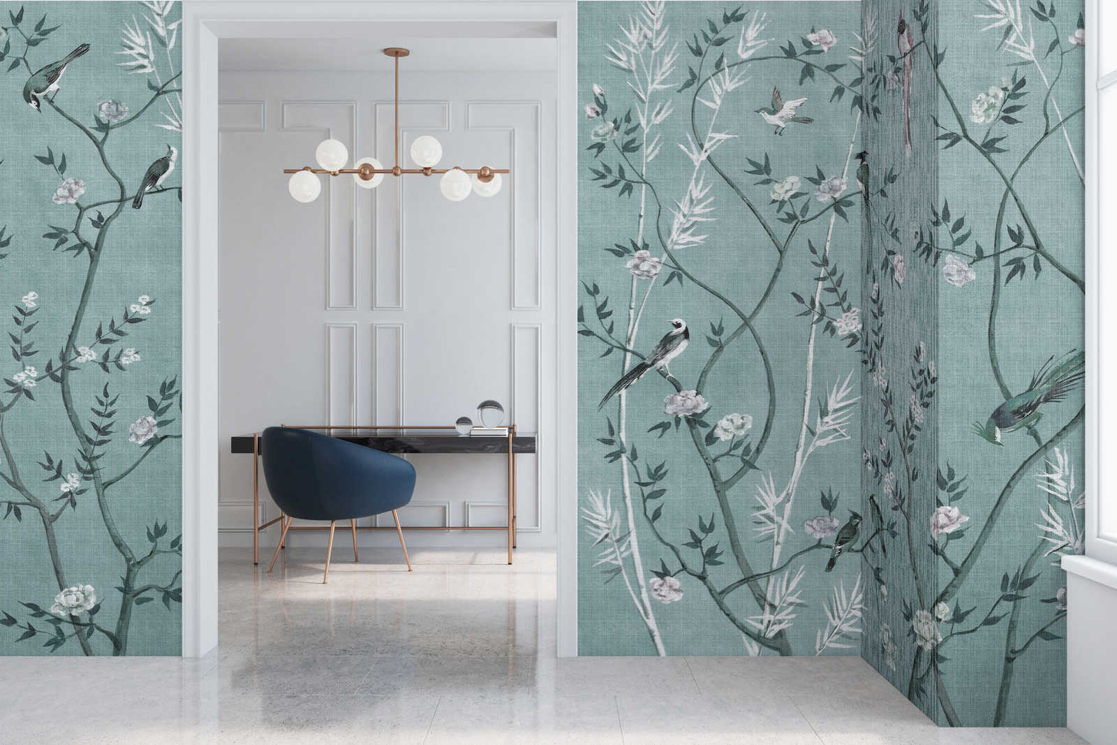             Tea Room 1 – Fototapete Vögel & Blüten Design in Petrol & Weiß
        