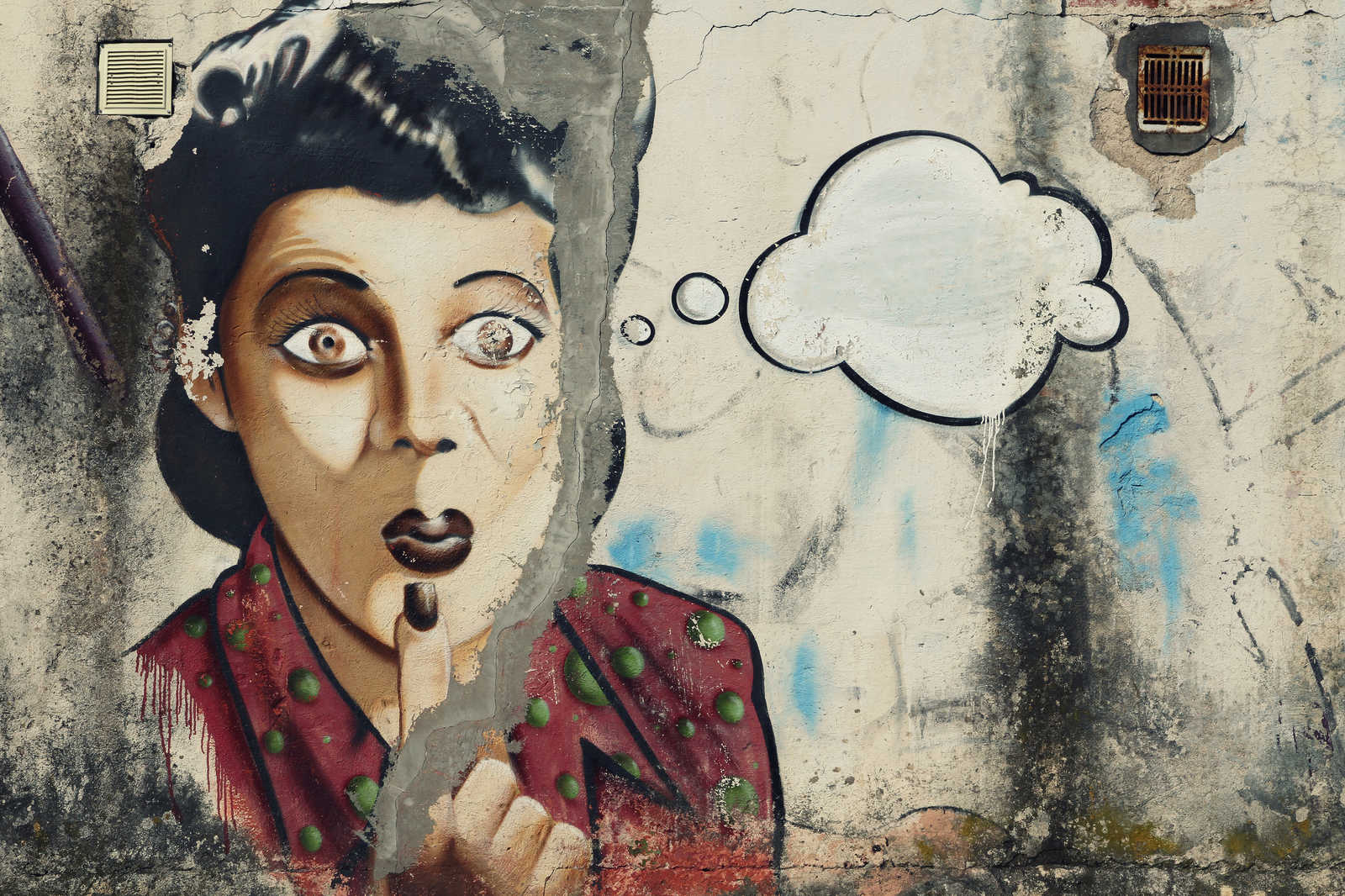             Leinwandbild Frau mit Gedankenblase als Graffiti auf Steinwand – 0,90 m x 0,60 m
        