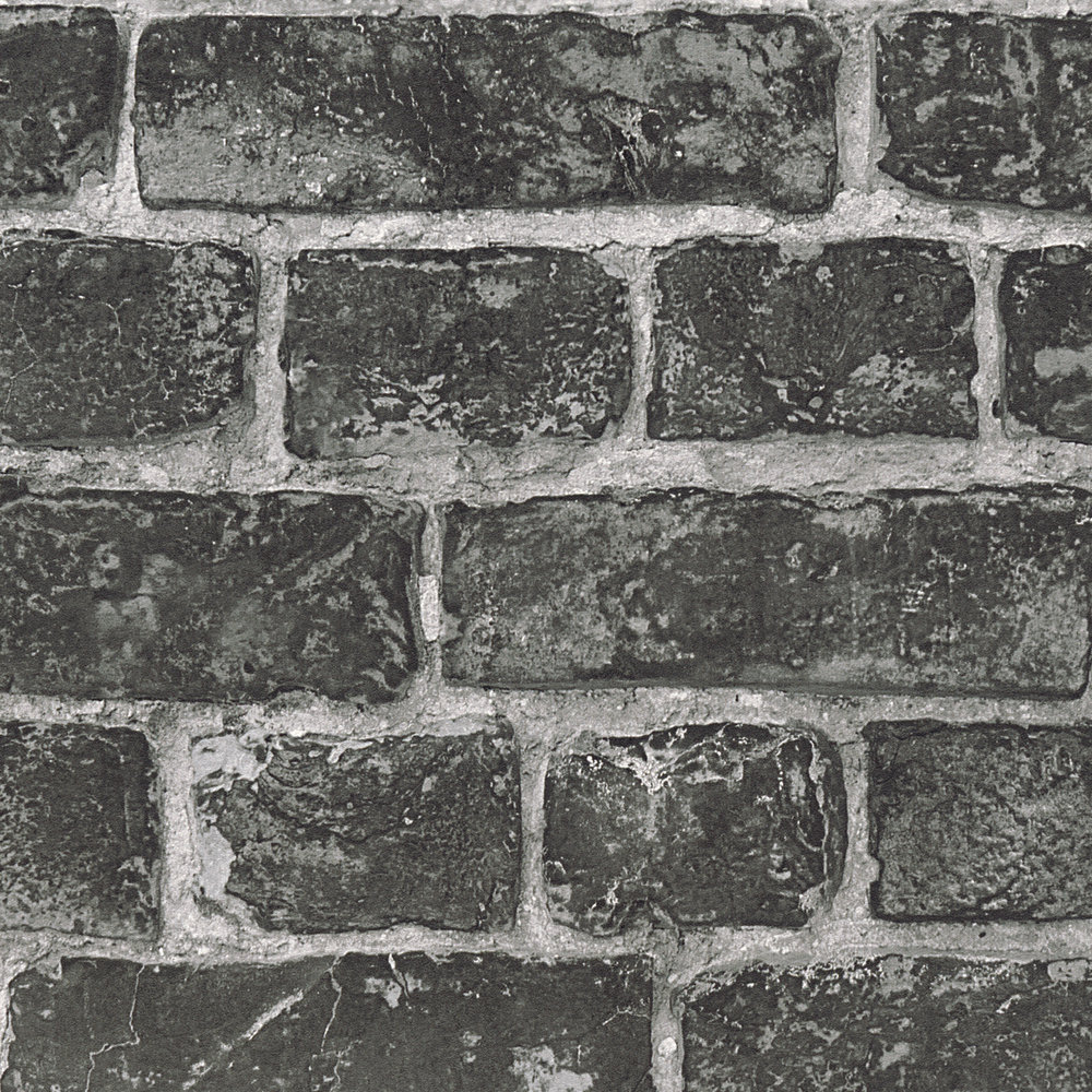             Natursteinmauer Tapete mit dunkelgrauen Ziegeln und hellen Fugen – Schwarz, Grau
        