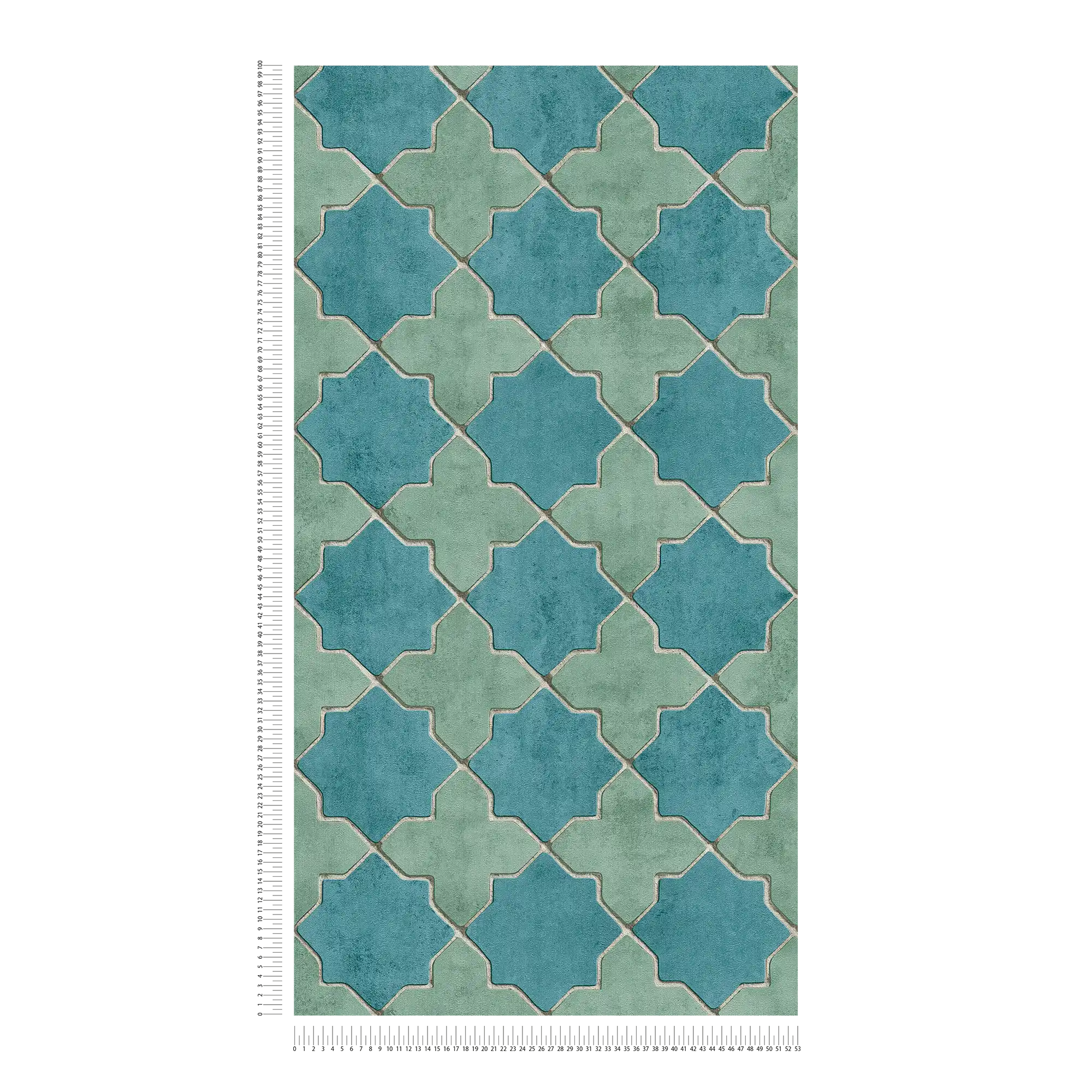             Fliesen-Tapete Mosaik-Optik – Blau, Grün, Beige
        