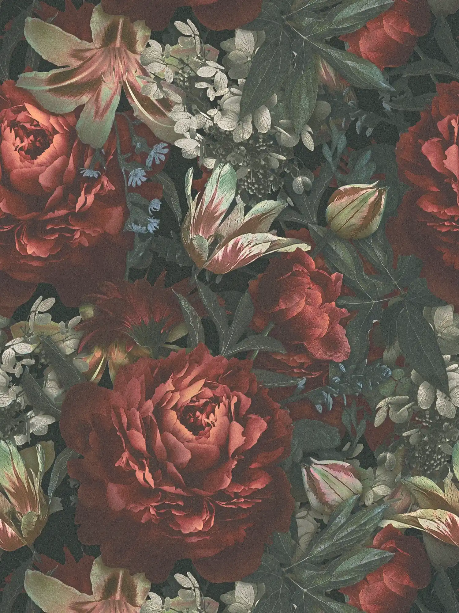 Blumentapete Rosen & Tulpen vintage Stil – Grün, Rot, Creme
