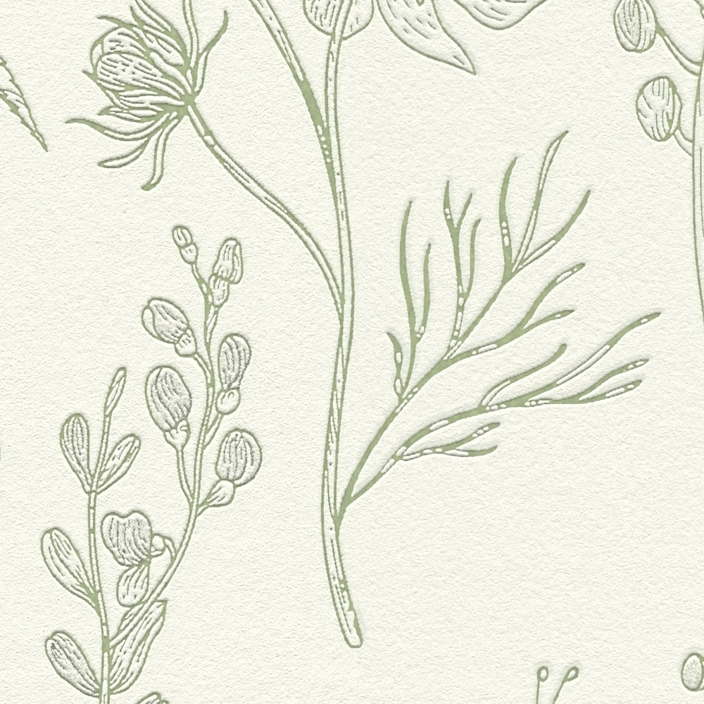            Vliestapete mit Blütenmuster und Metallic-Akzent – Grün, Silber, Weiß
        