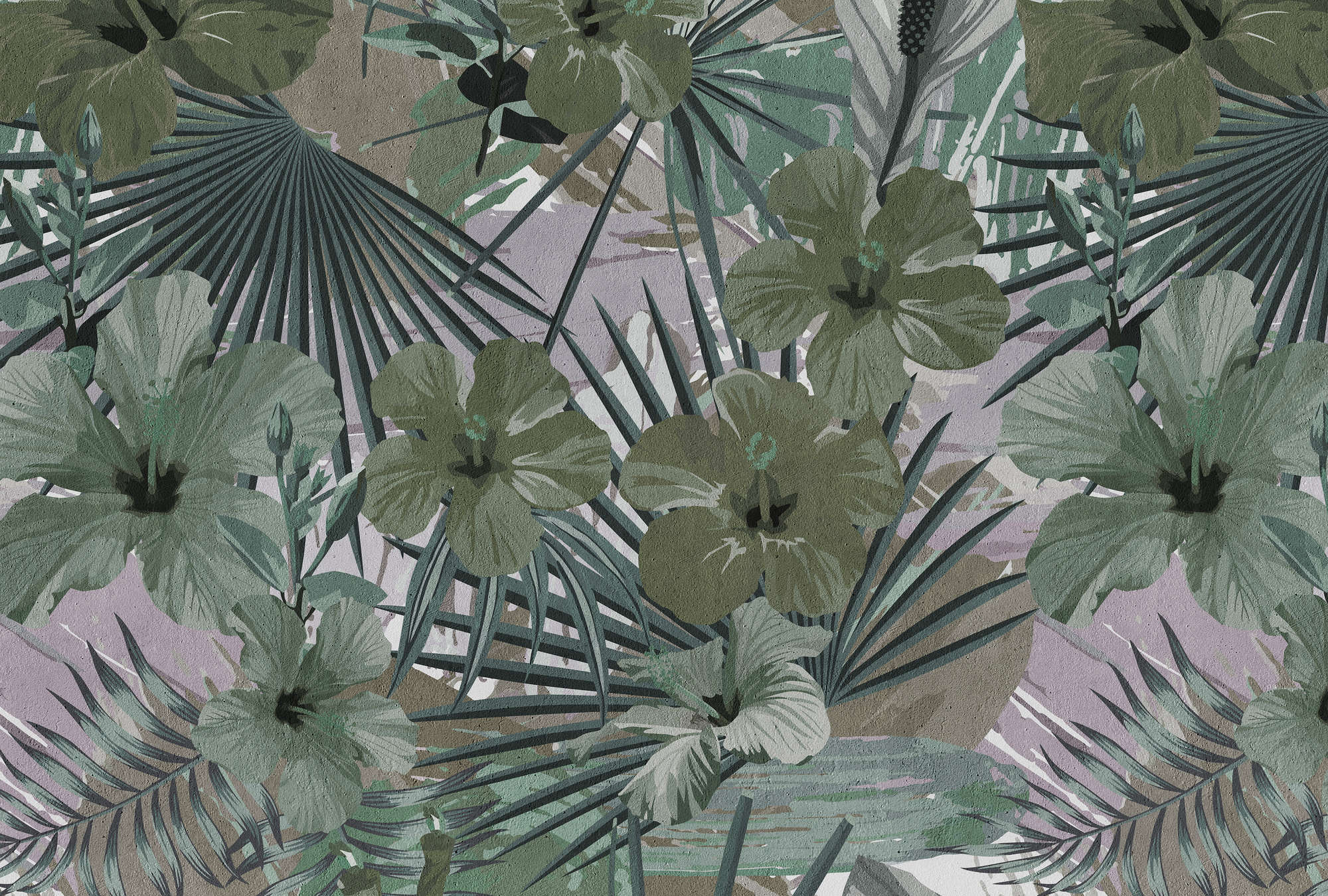             Fototapete Dschungel Palmen und Blume – Grün, Grau
        