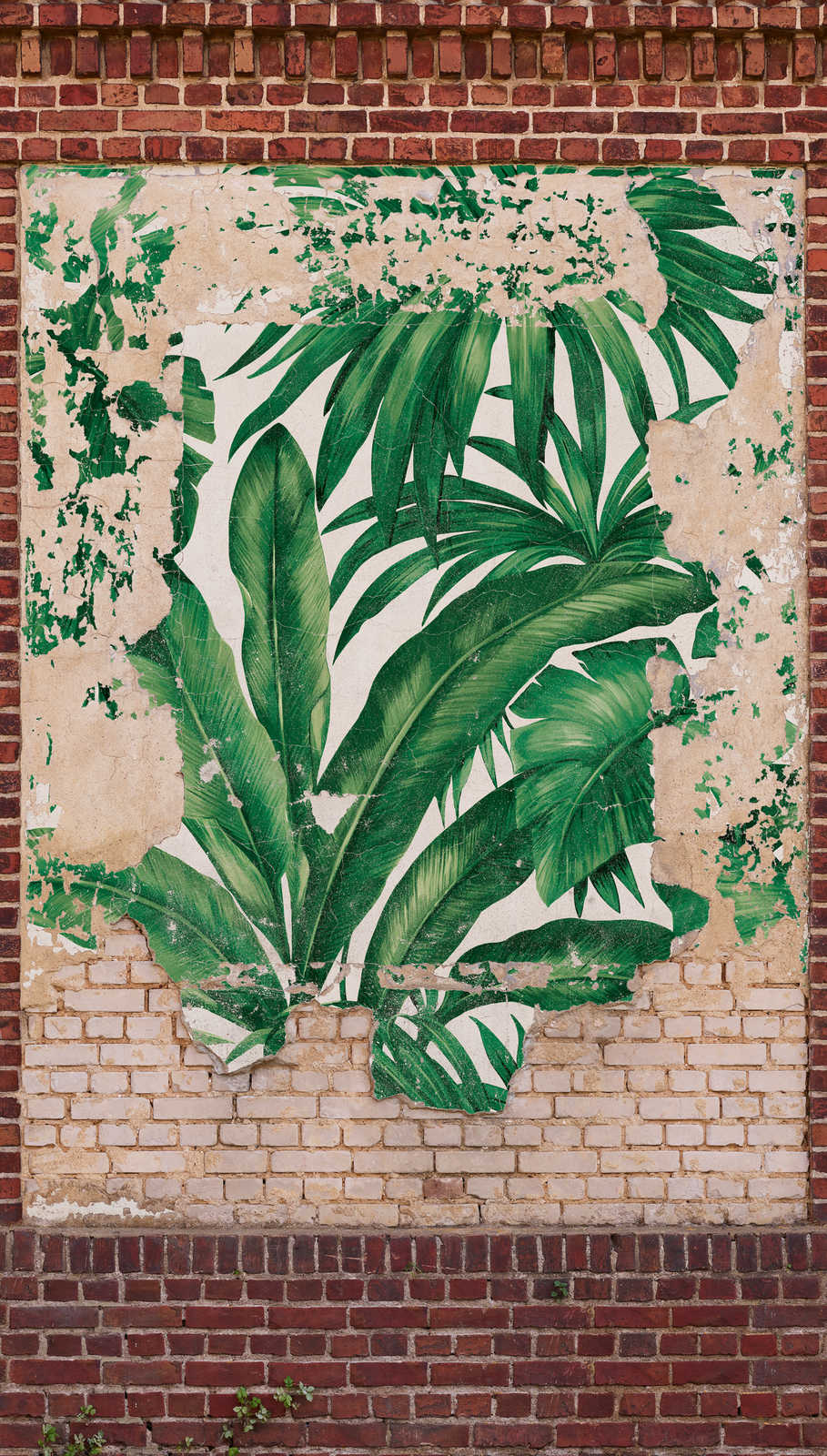             Palmenblätter Tapete auf Ziegelsteinoptik Wand – Braun, Beige, Rot
        