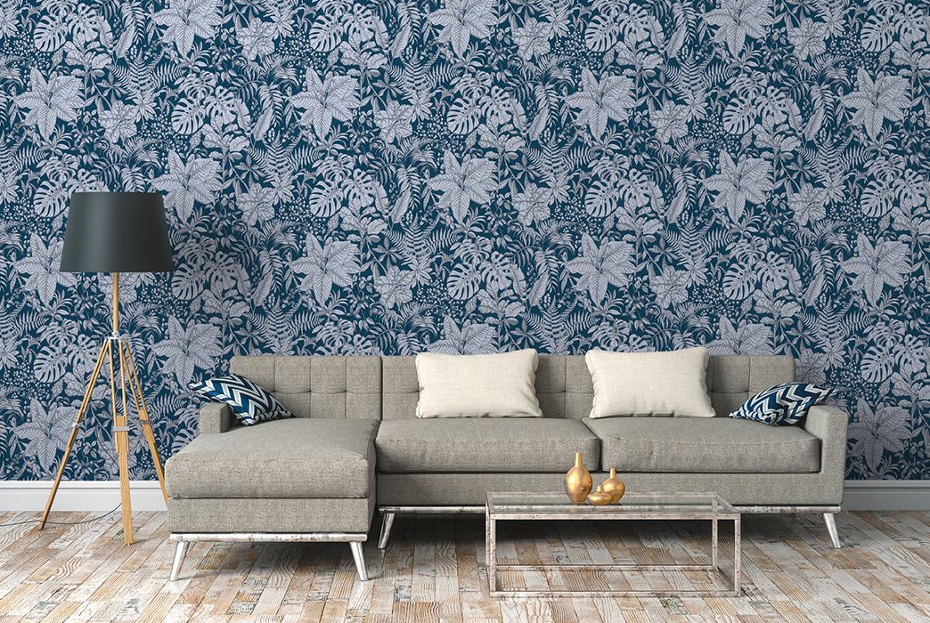 Blaue Mustertapete im Wohnzimmer mit grauem Blätterdesign AS375206
