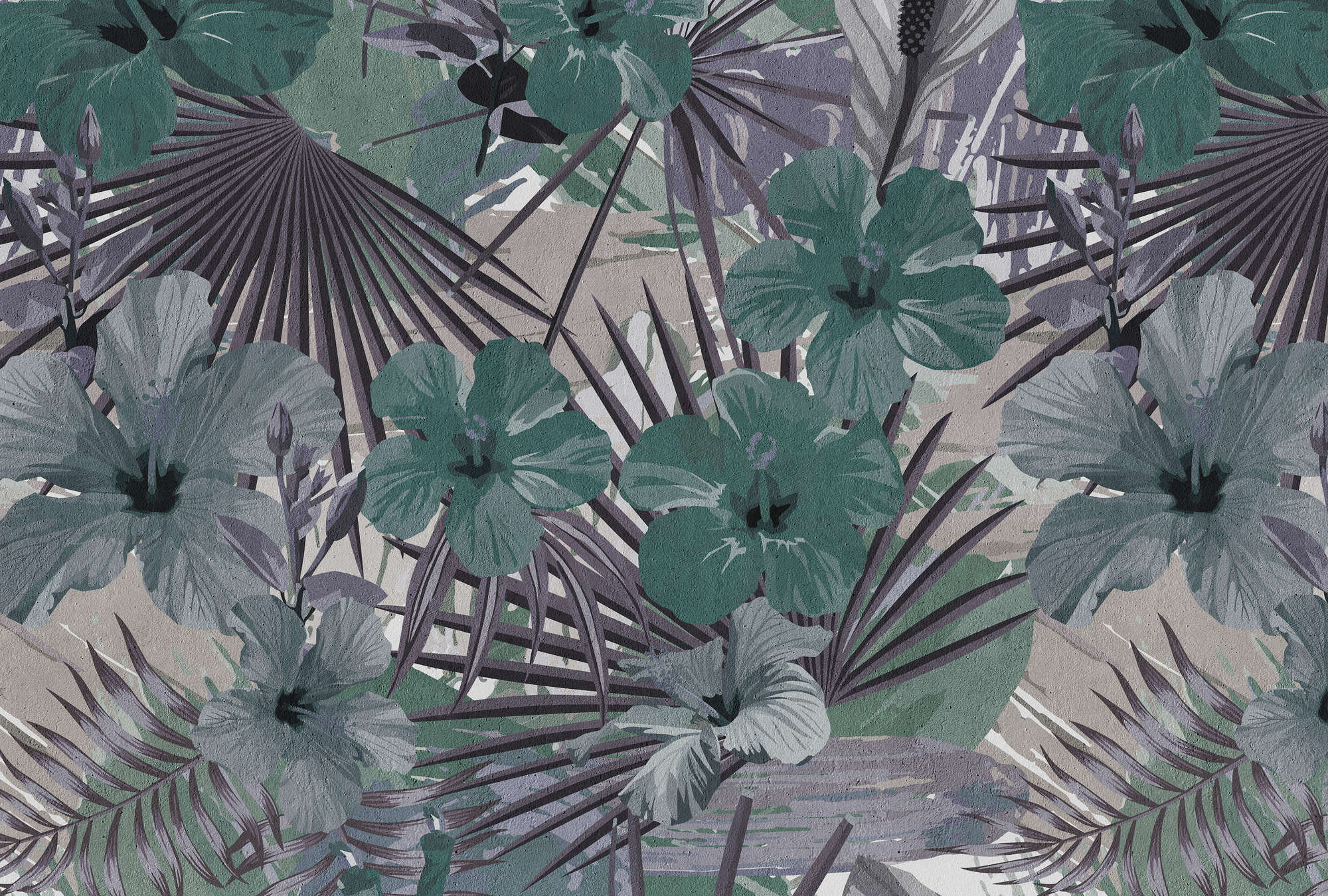             Fototapete Dschungel Palmen und Blume – Grün, Lila
        