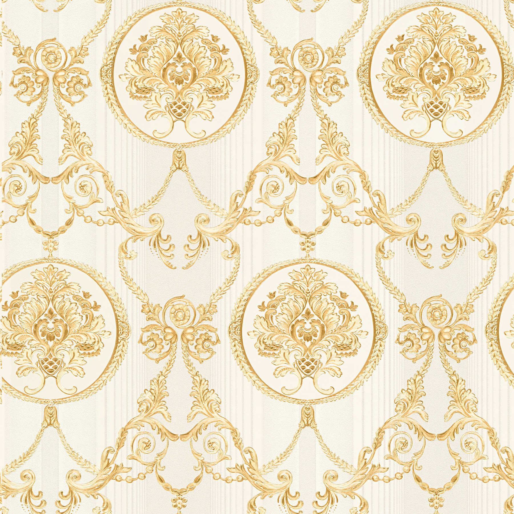 Vliestapete mit goldenem Ornamentdesign – Creme, Metallic
