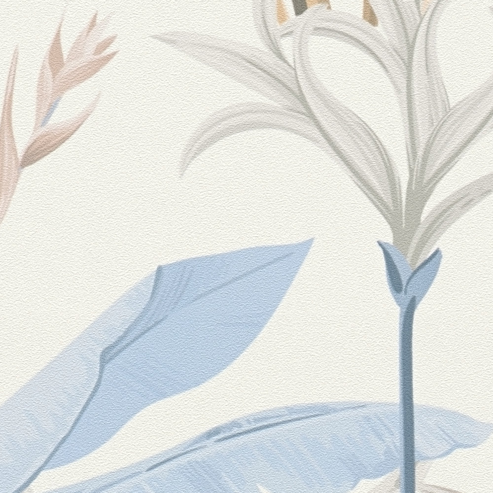             Detaillierte florale Vliestapete mit Blätter Muster - Blau, Grau, Creme
        
