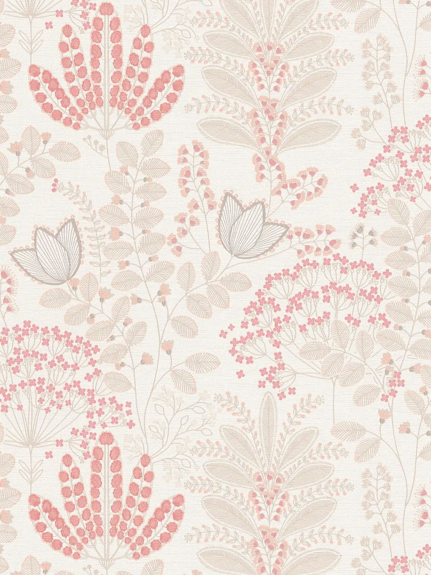 Florale Tapete mit Blättern im Retro-Design leicht strukturiert, matt – Weiß, Taupe, Rosa
