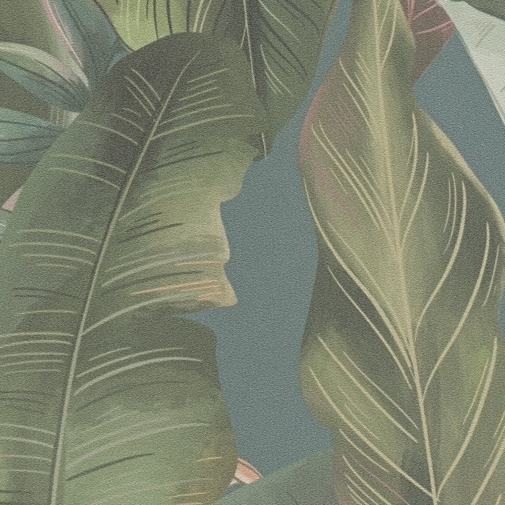             Dschungeltapete floral mit Palmenblättern & Blüten strukturiert matt – Blau, Petrol, Grün
        