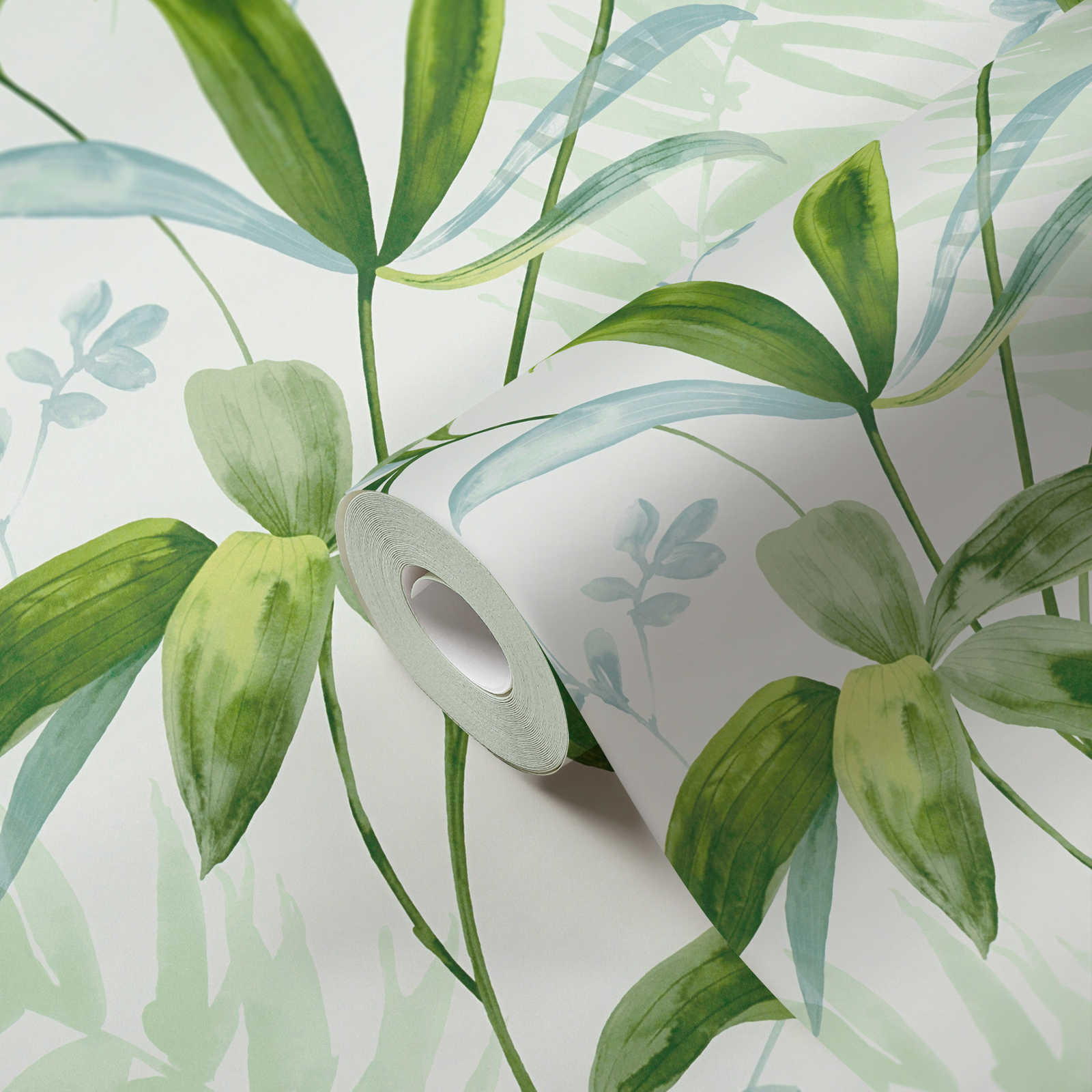             Vliestapete grüne Blätter im Aquarell Stil – Grün, Weiß
        
