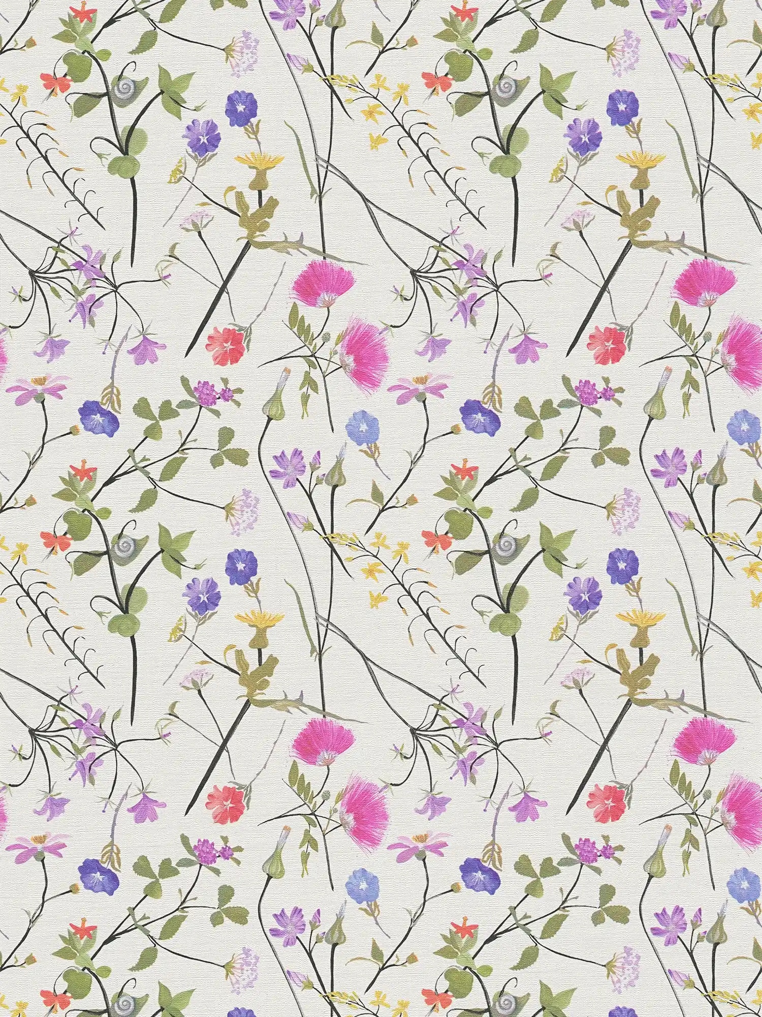 Florale Tapete mit detailliertem Blumenmuster – Creme, Grün, Bunt
