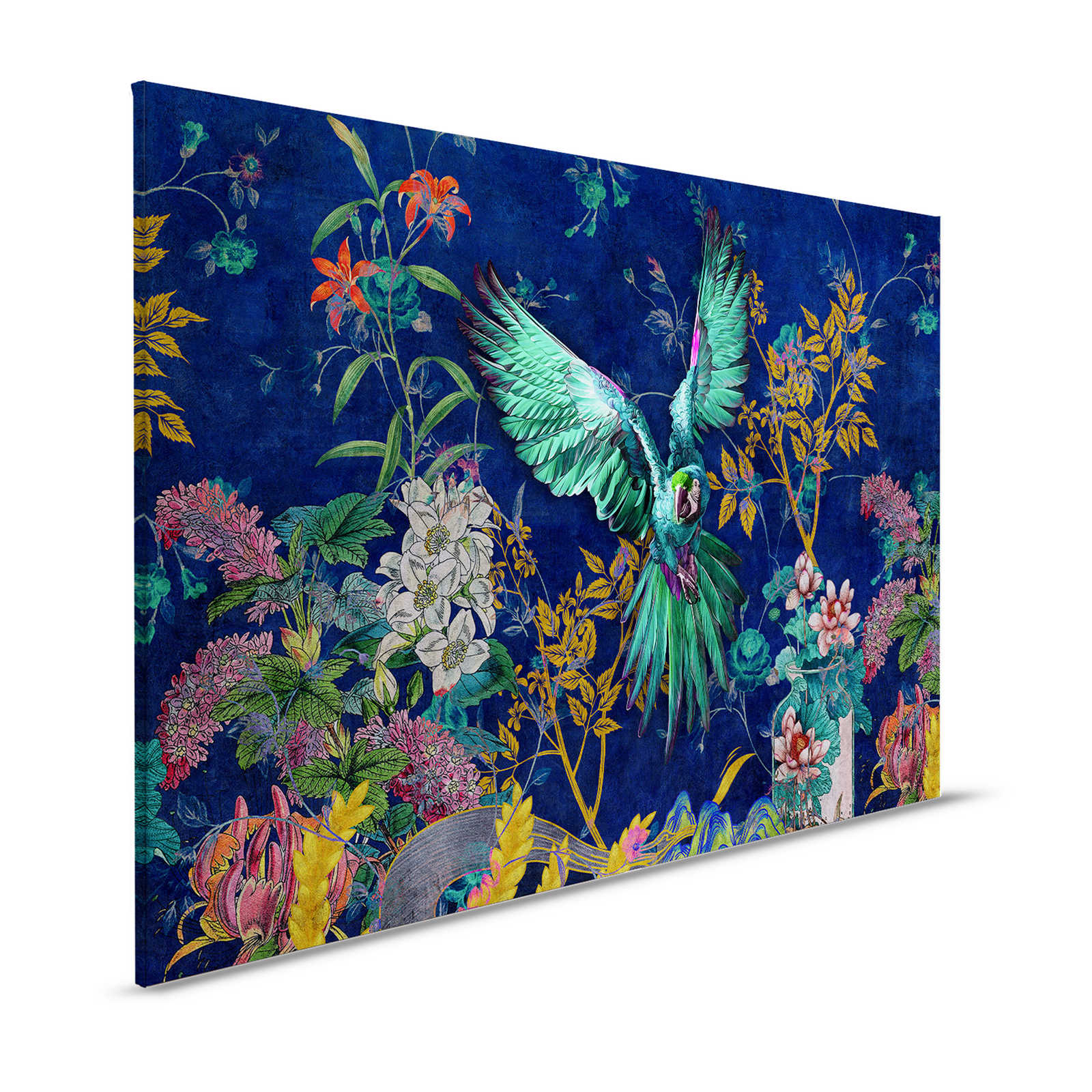 Tropical Hero 1 - Leinwandbild Blumen & Papagei intensive Farben – 1,20 m x 0,80 m

