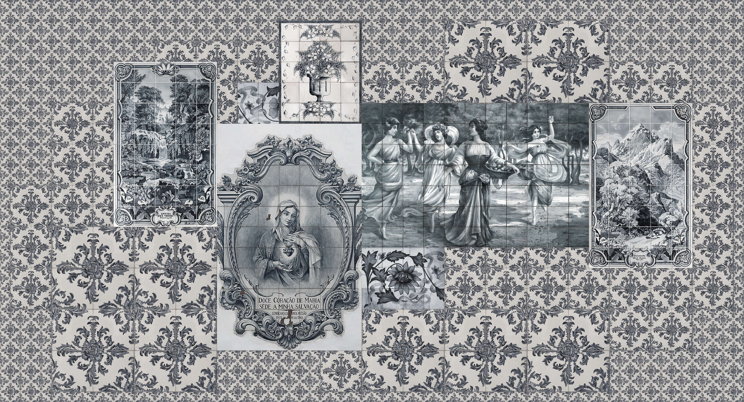             Azulejos 3 - Fototapete Fliesen Collage Retro Stil – Beige, Schwarz | Struktur Vlies
        