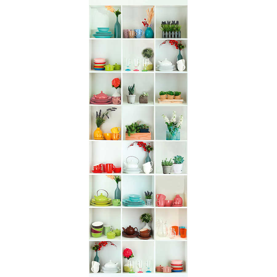 Moderne Fototapete Regal mit Geschirr und Pflanzen auf Perlmutt Glattvlies
