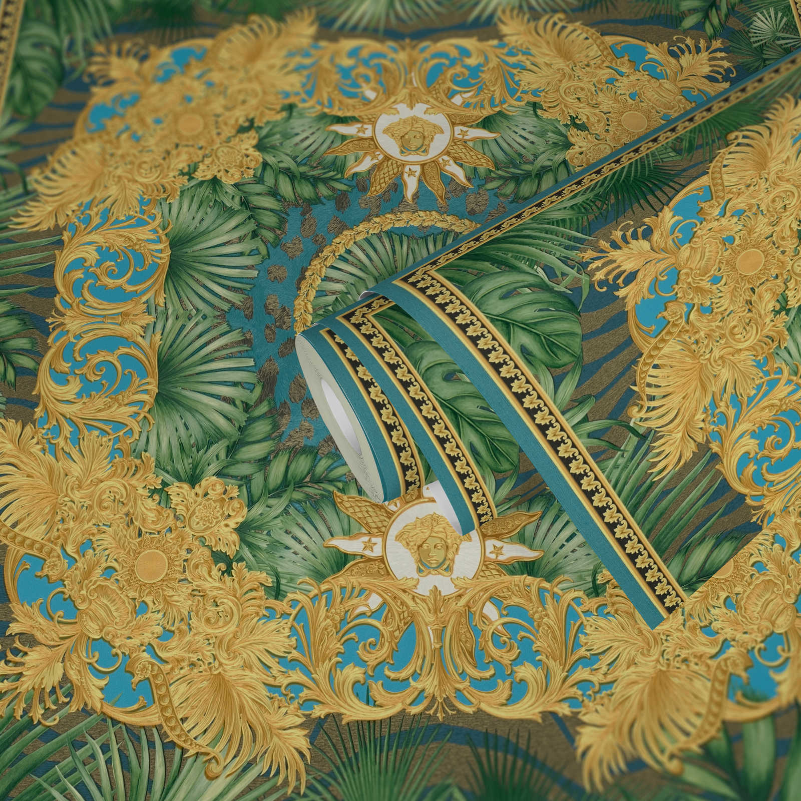            VERSACE Tapete Dschungel und Ornament Motiv – Grün, Metallic
        