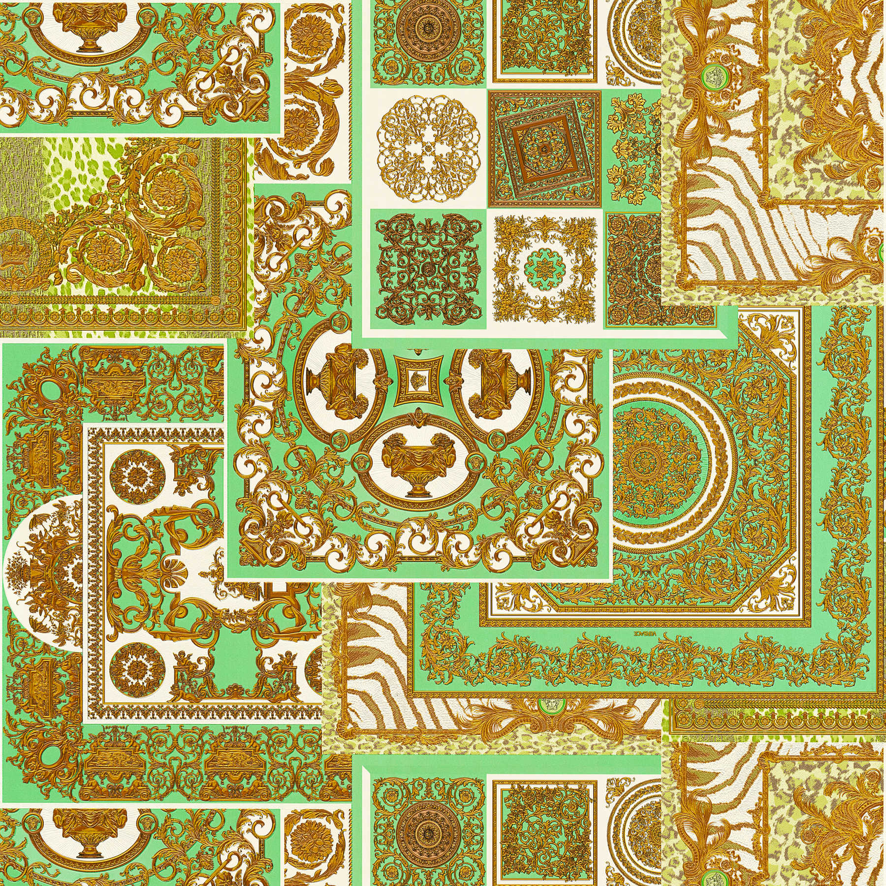 VERSACE Home Tapete Barock-Details & Animal Print – Gold, Grün, Braun
