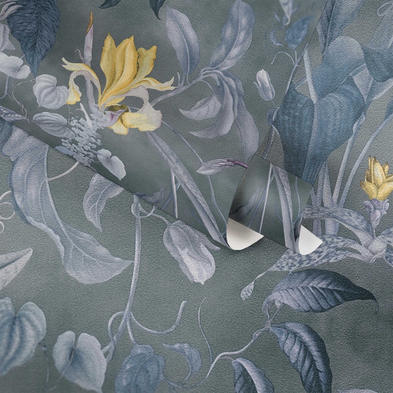             Tropische Blumentapete Grau-Blau, Design by MICHALSKY
        