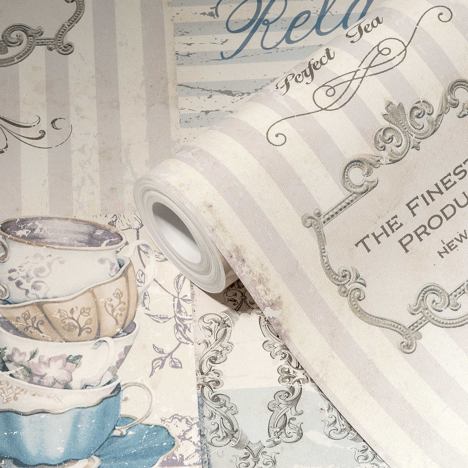             Tapete Tea Time Collage im Landhaus Stil – Blau, Grau
        