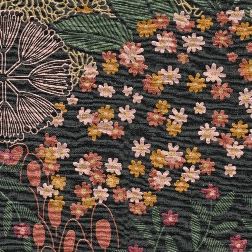             Tapete mit Vintage Blumendesgin – Schwarz, Grün, Orange
        