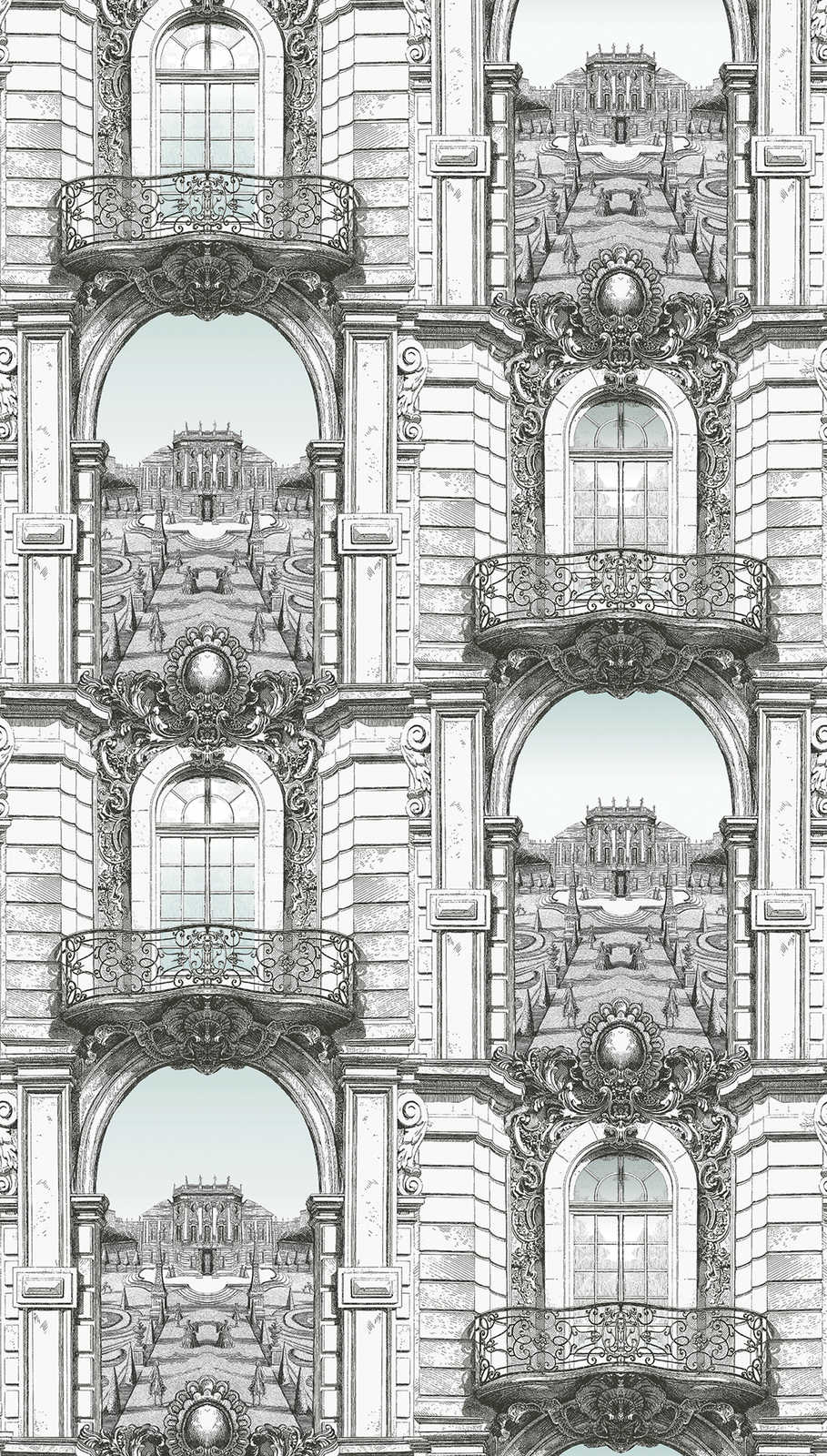             Vliestapete mit Altbau Motiv und Balkonen – Weiß, Schwarz, Grau
        