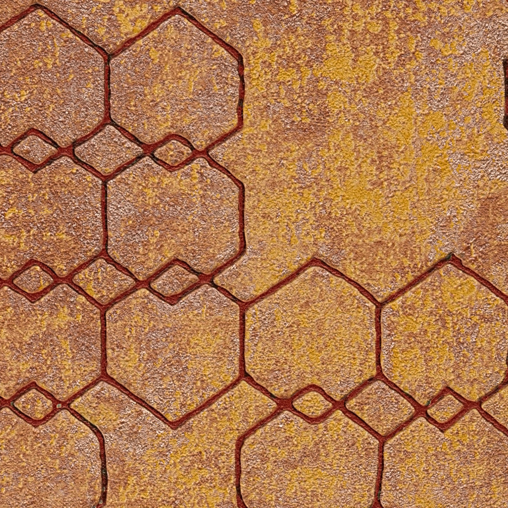             Geometrische Mustertapete im Industrial Style – Orange, Gold, Braun
        