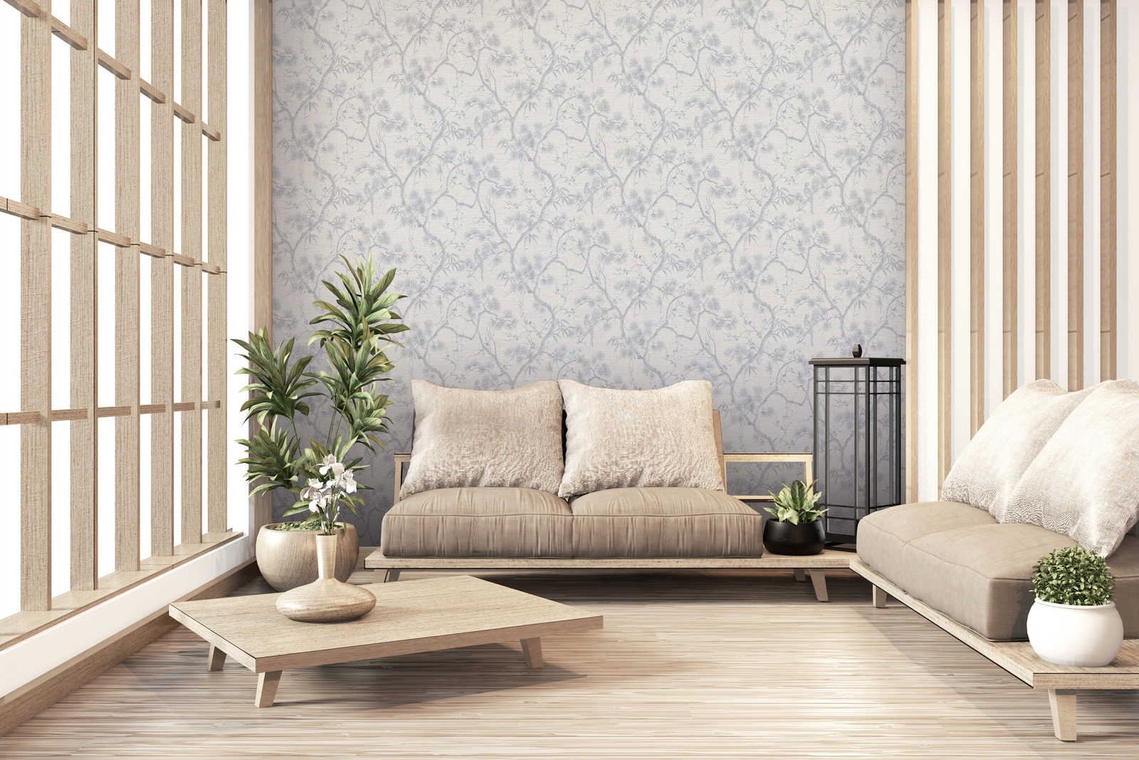             Tapete mit natürlichem Design im Asia Style – Grau, Metallic, Weiß
        