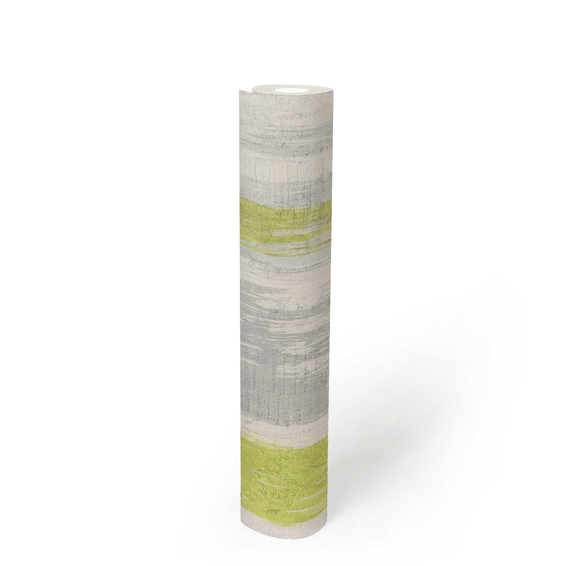             Streifentapete mit Putzstruktur & farbigem Akzent – Grau, Grün, Gelb
        