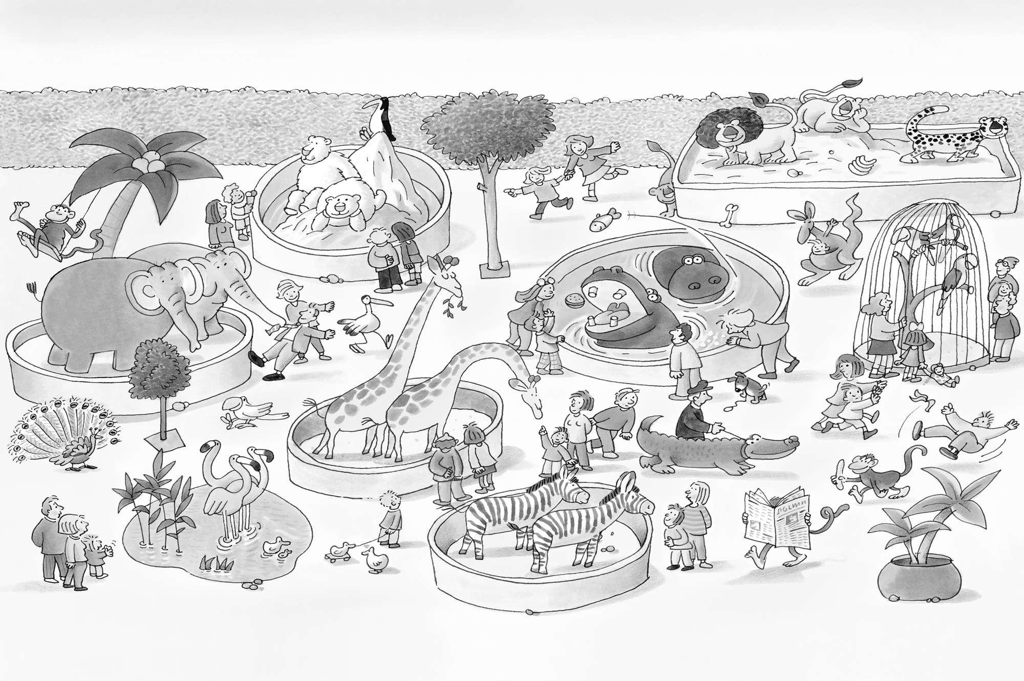             Kinder Fototapete Zoo Zeichnung in Schwarz Weiß auf Perlmutt Glattvlies
        