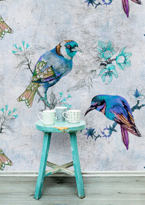             Love birds 1 - Fototapete Vogel-Muster im Zeichenstil in kratzer Struktur – Blau, Grau | Mattes Glattvlies
        