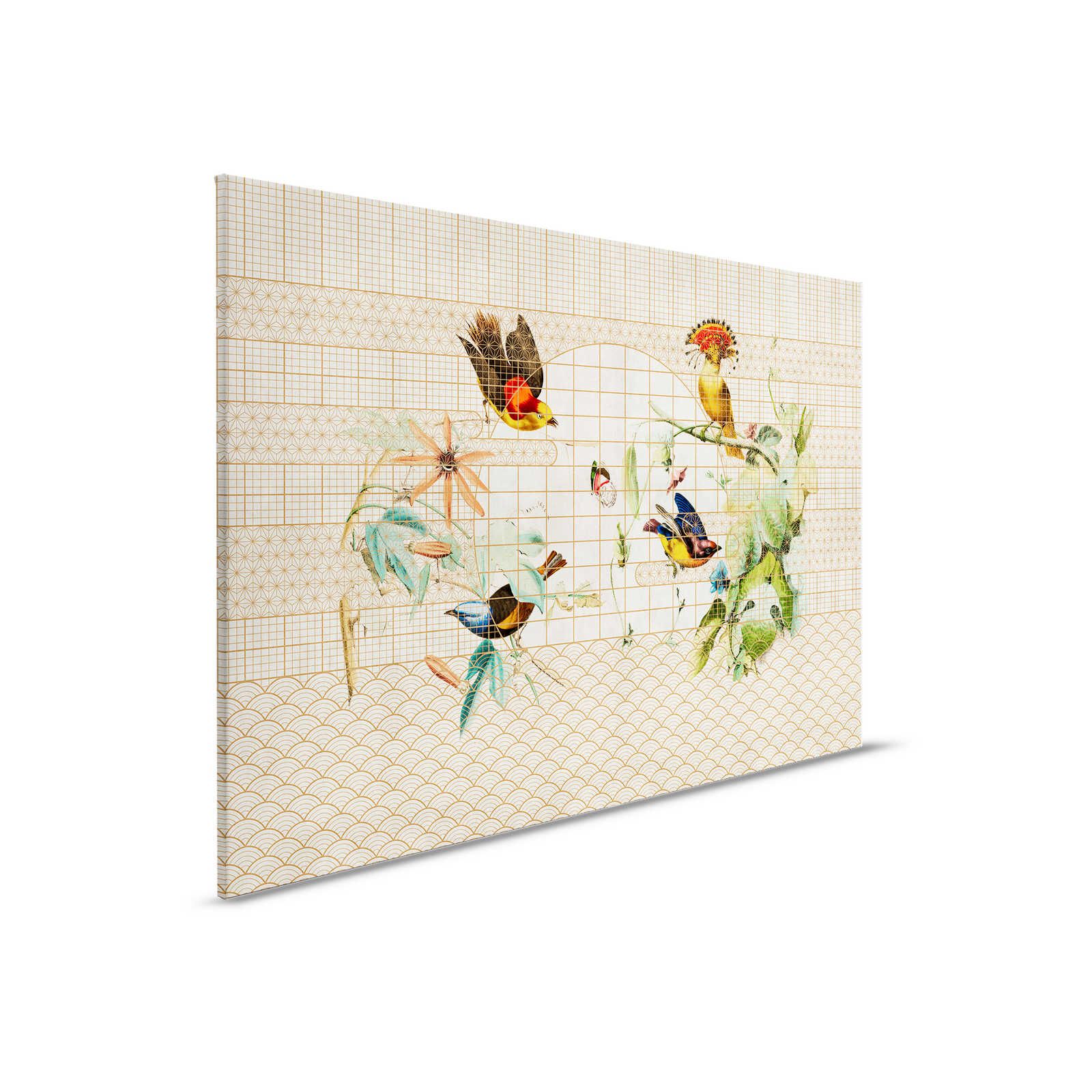 Voliere 1 - Leinwandbild Vögel & Schmetterlinge in goldener Voliere – 0,90 m x 0,60 m
