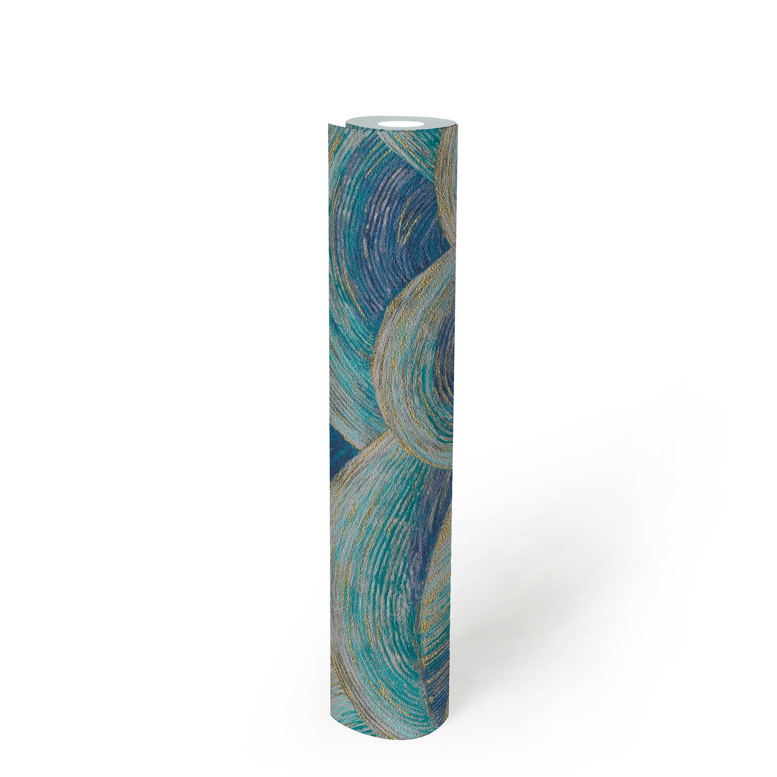             Abstrakte Vliestapete mit Wellenmuster & Glanzeffekt – Blau, Türkis, Gold
        