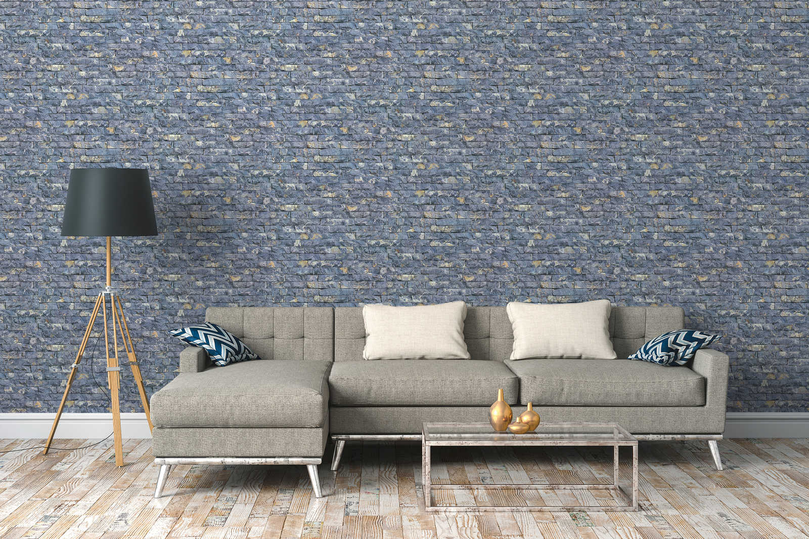             Tapete Steinoptik mit 3D Mauerwerk Quarzstein – Blau, Grau
        