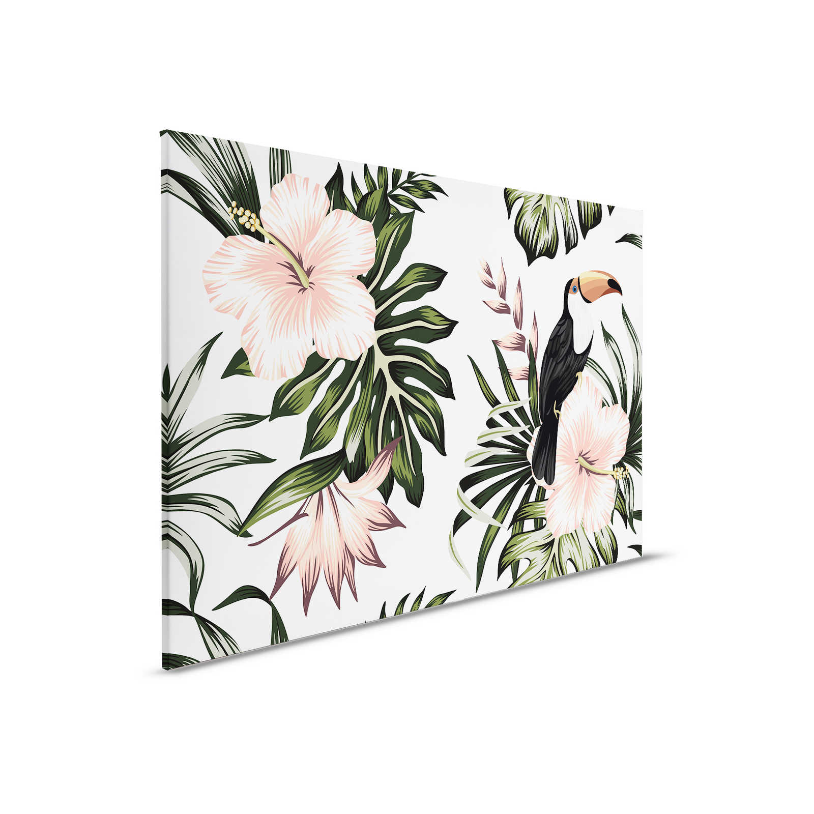 Leinwand mit Dschungelpflanzen und Pelikan | Weiß, Rosa, Grün – 0,90 m x 0,60 m
