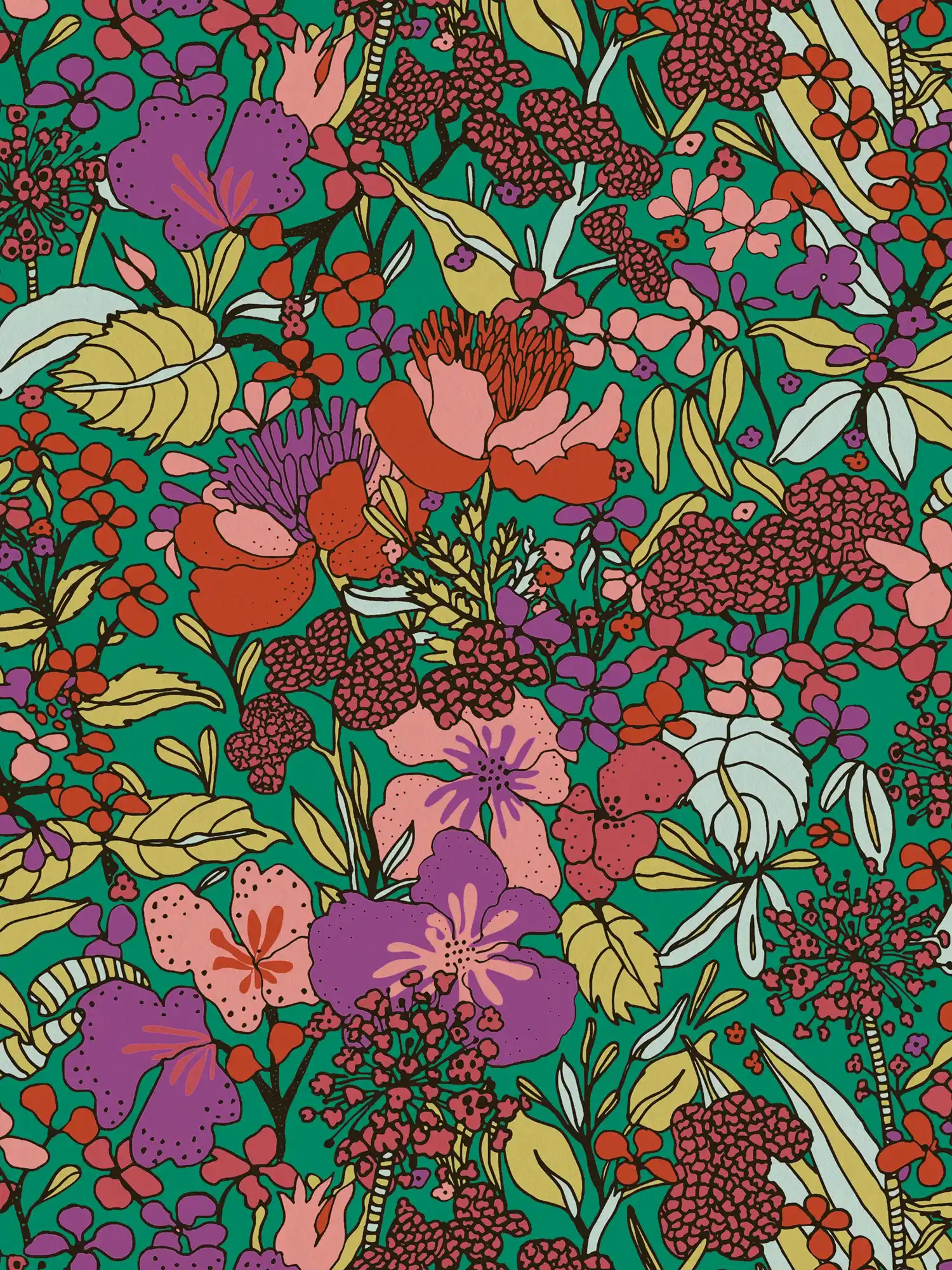 Tapete Blumen Muster bunt im Colour Block Stil – Bunt, Grün, Rot

