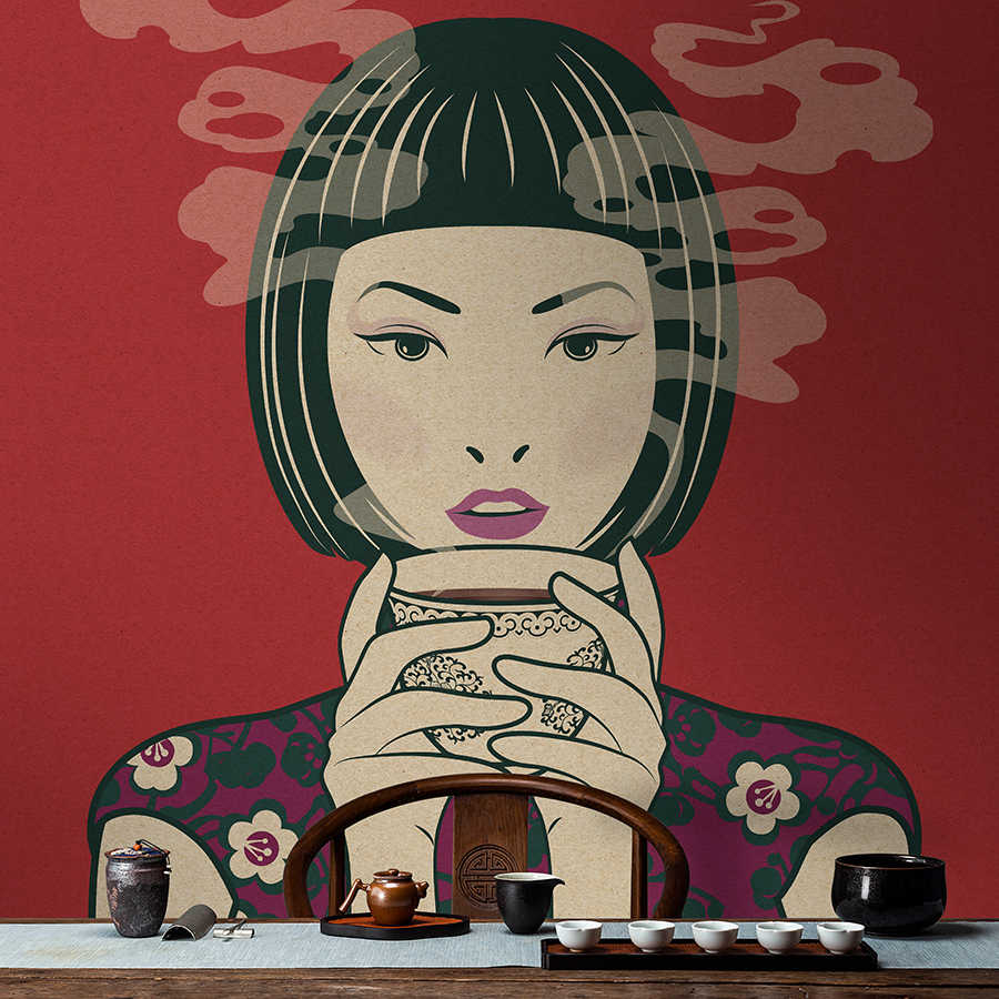 Akari 1 - Zeit für Tee, Mangastyle auf Fototapete - Pappe Struktur – Beige, Rot | Struktur Vlies
